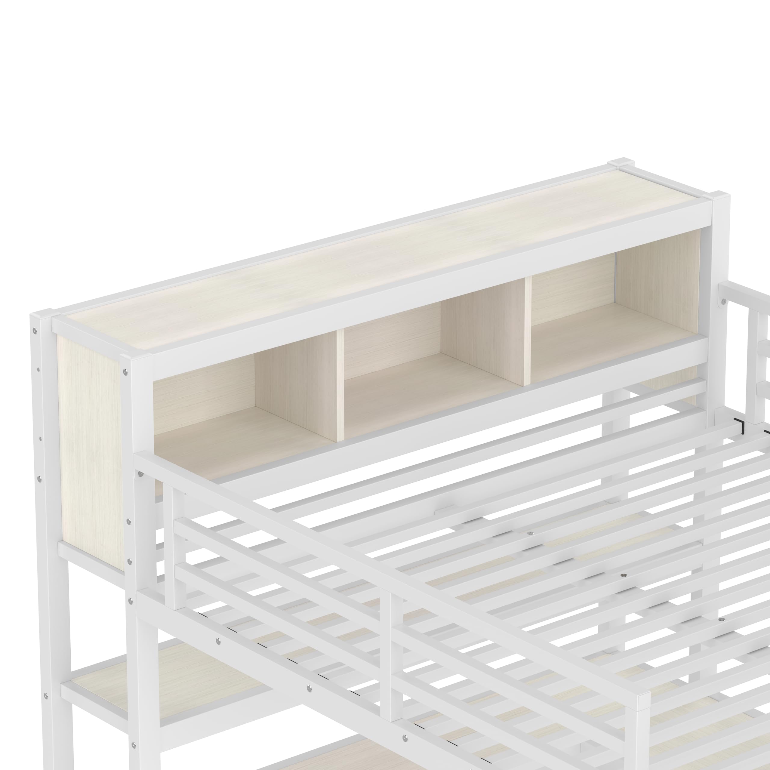 Bellemave Queen Loft Bed with Desk & Wardrobe, Heavy Duty Metal Loft Beds with Storage Shelves, Space Saving Loft Bed Queen Size with Safety Guard, White Wood Grain