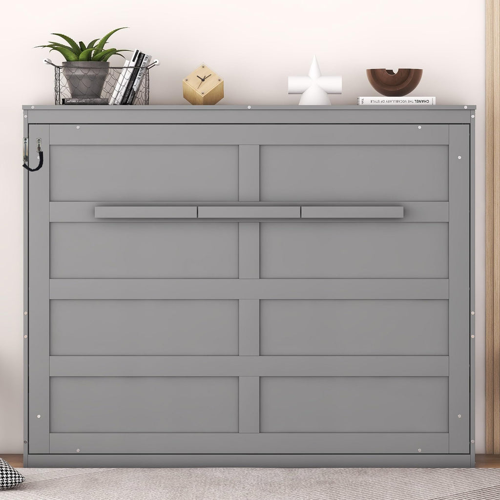 Merax Modern Murphy Cabinet Bed, Solid Wood Wall Platform Bed/No Box Spring Needed/Easy Assemble/Full,Gray