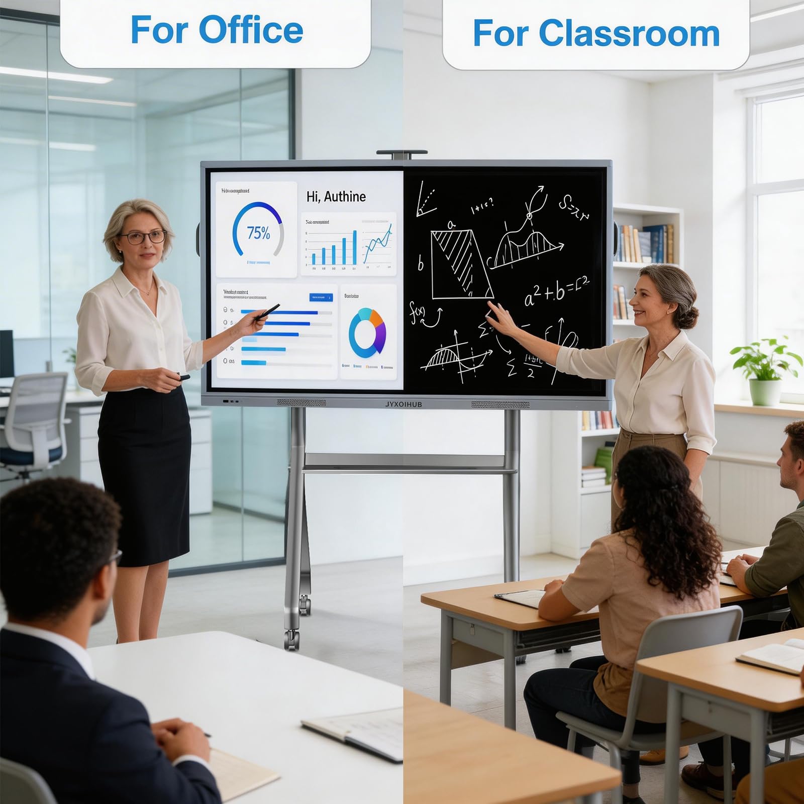 JYXOIHUB Smart Board Stand for 42"– 75" Interactive Smart Whiteboard, Height Adjustable Mobile Portable Stand with Four Lockable Wheels for Classroom Home Office Business Studio