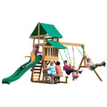 Backyard Discovery Belmont Cedar Wood Swing Set with Wave Slide, Play Deck, Rock Wall Ladder, Snack Bar Window, Shaded Picnic Area, Bench, Belt Swings, Trapeze, Sandbox Area, Canopy, Outdoor Playset
