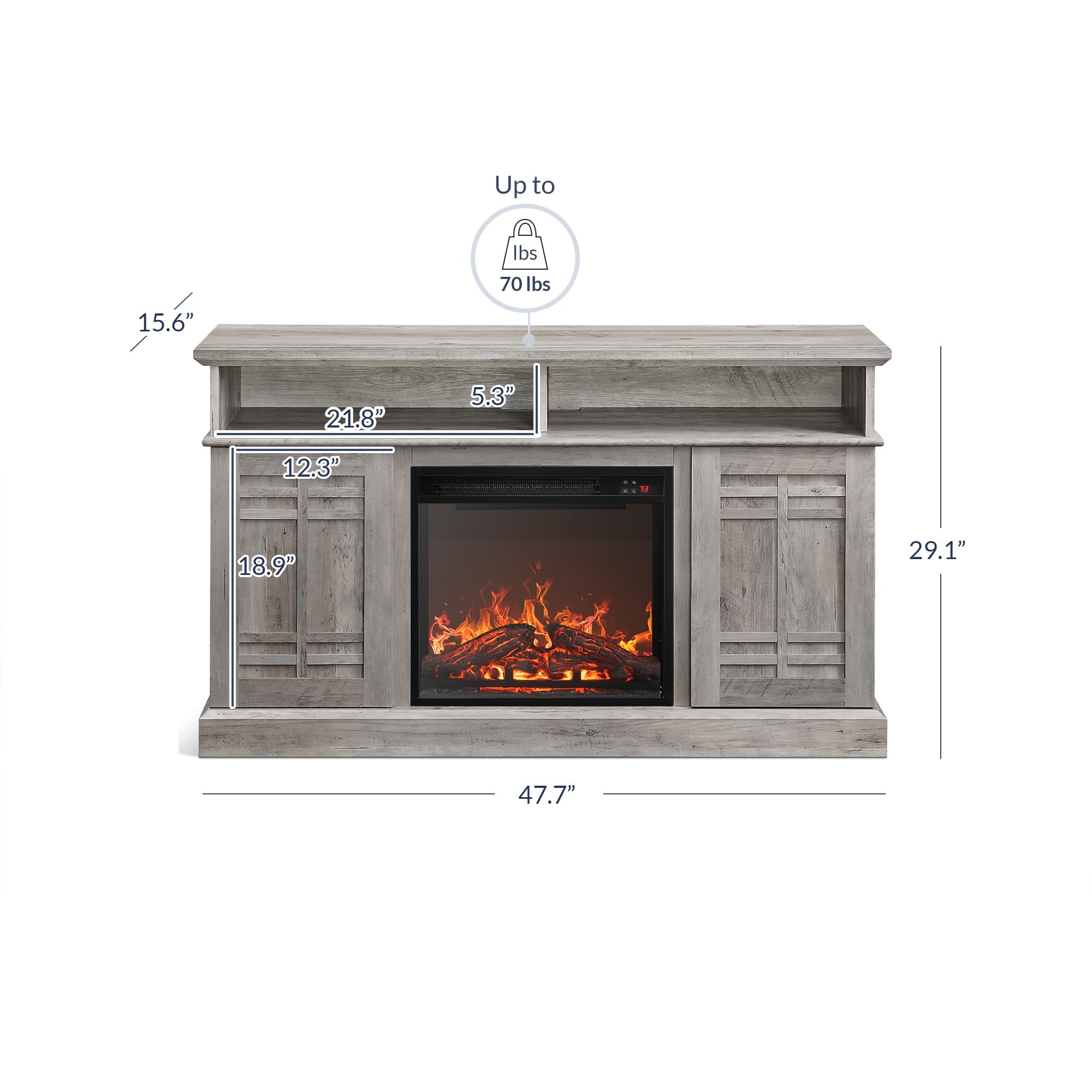 BELLEZE 48" TV Stand with 18" Electric Fireplace Heater, Modern TV Stand for TVs up to 50", Entertainment Media Stand with Open Shelves and Storage Cabinets for Living Room, Bedroom (Grey Wash)