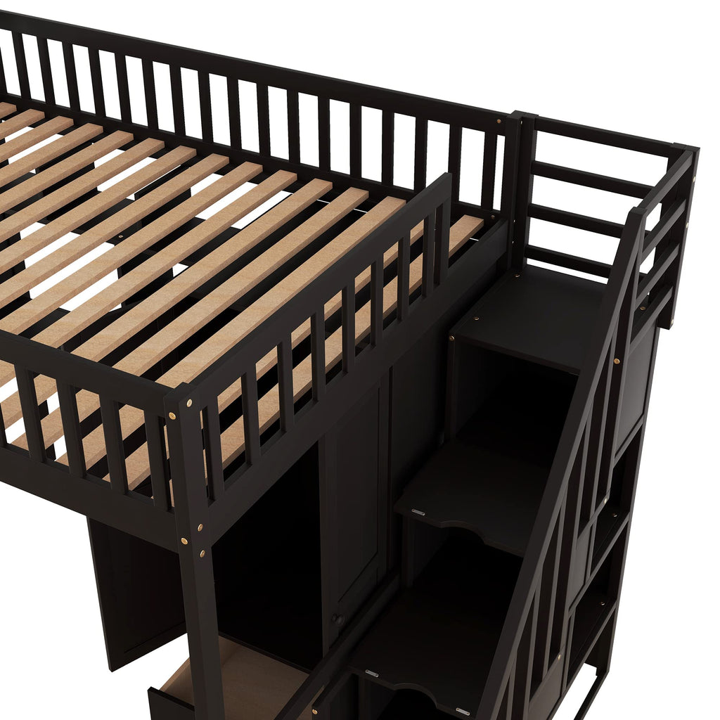 Full Size Loft Beds Stairway Loft Bed Frame with Wardrobe, Desk, Bookcase and Drawers, Espresso