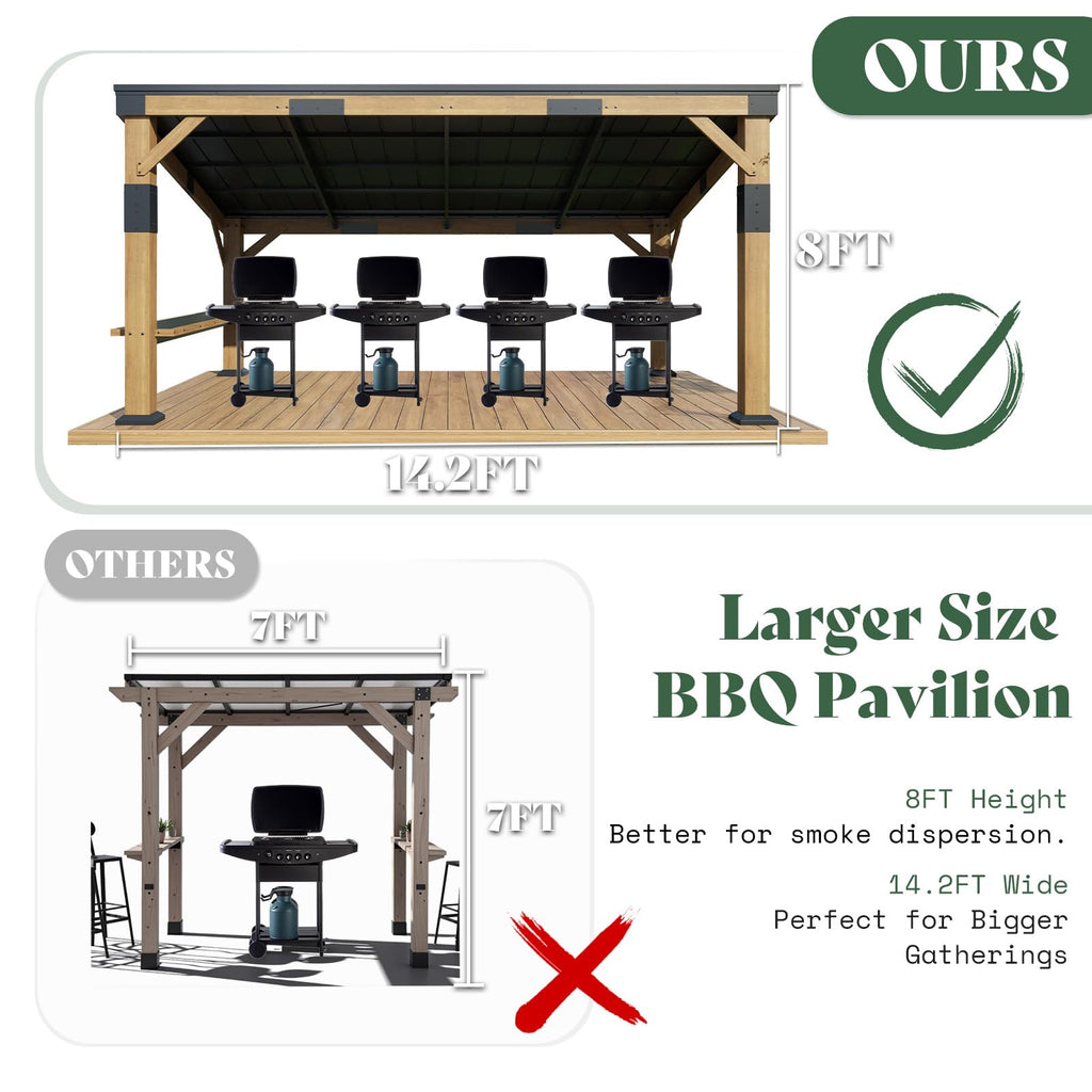 AMERLIFE 10x14 FT Spruce Wood Grill Gazebo with Bar Shelf, Hardtop BBQ Pavilion with Sloped Galvanized Steel Roof, Lean-to Outdoor Pergola for Deck, Backyard, Garden