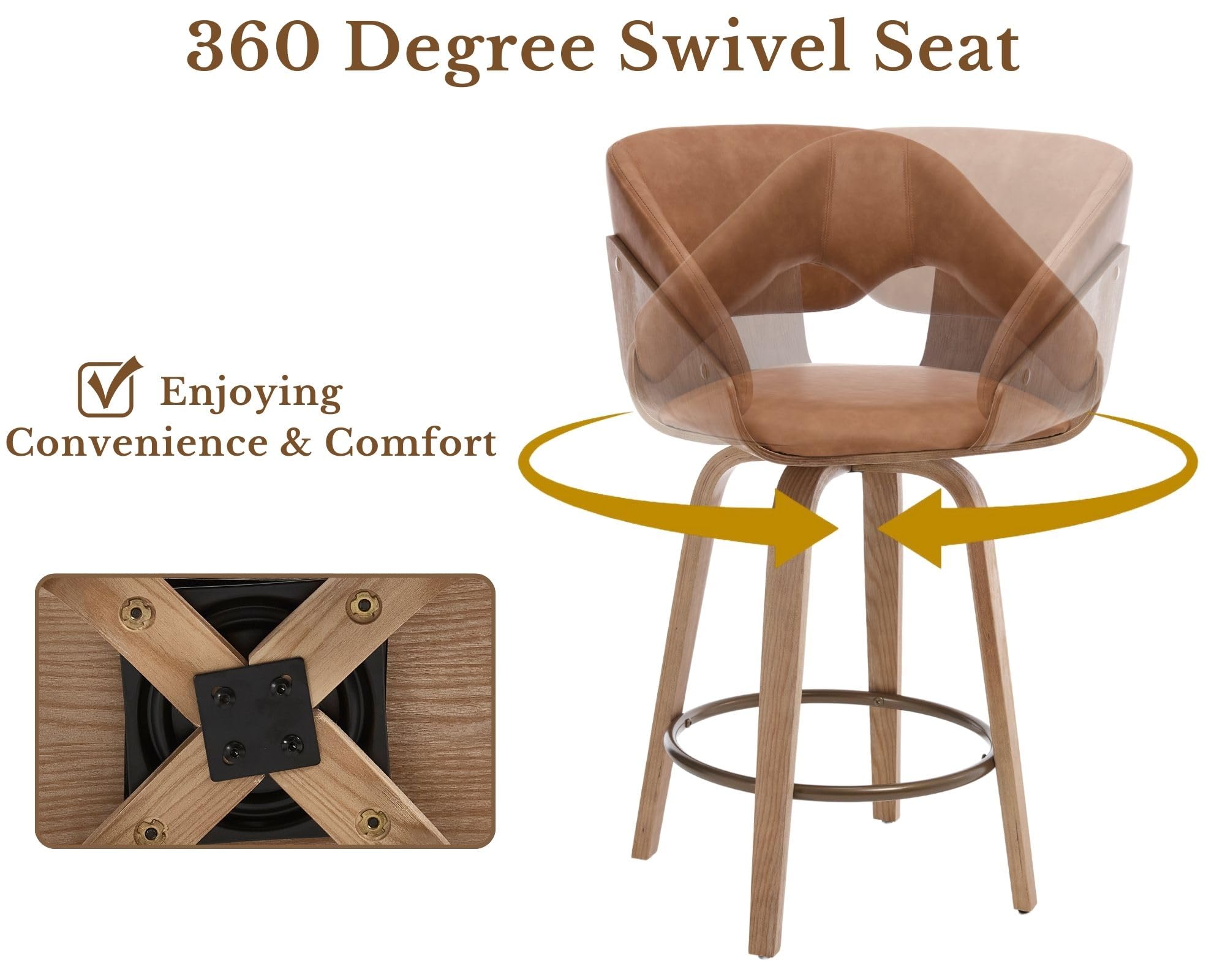 HNY 26 Inch Swivel Bar Stools with Back Set of 4, Brown Faux Leather Upholstered Counter Height Barstools with Solid Bentwood Frame, Round Footrest, Modern Barrel Counter Stools for Kitchen Island