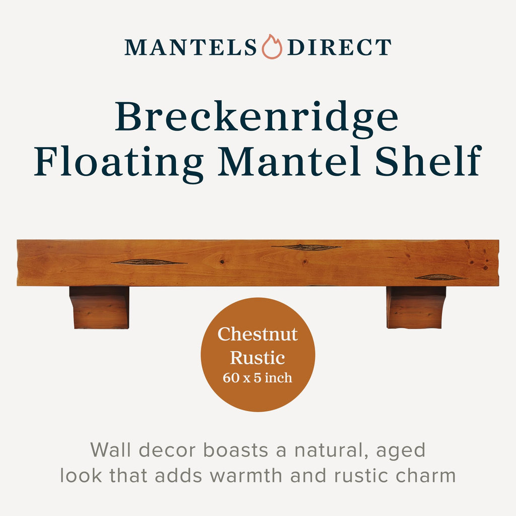 MANTELSDIRECT Breckenridge 60” Fireplace Mantel Shelf with Corbels – Rustic Floating Mantel Shelf for Over Fireplace – Chestnut - Wood Shelf for Wall – Pine Box Construction