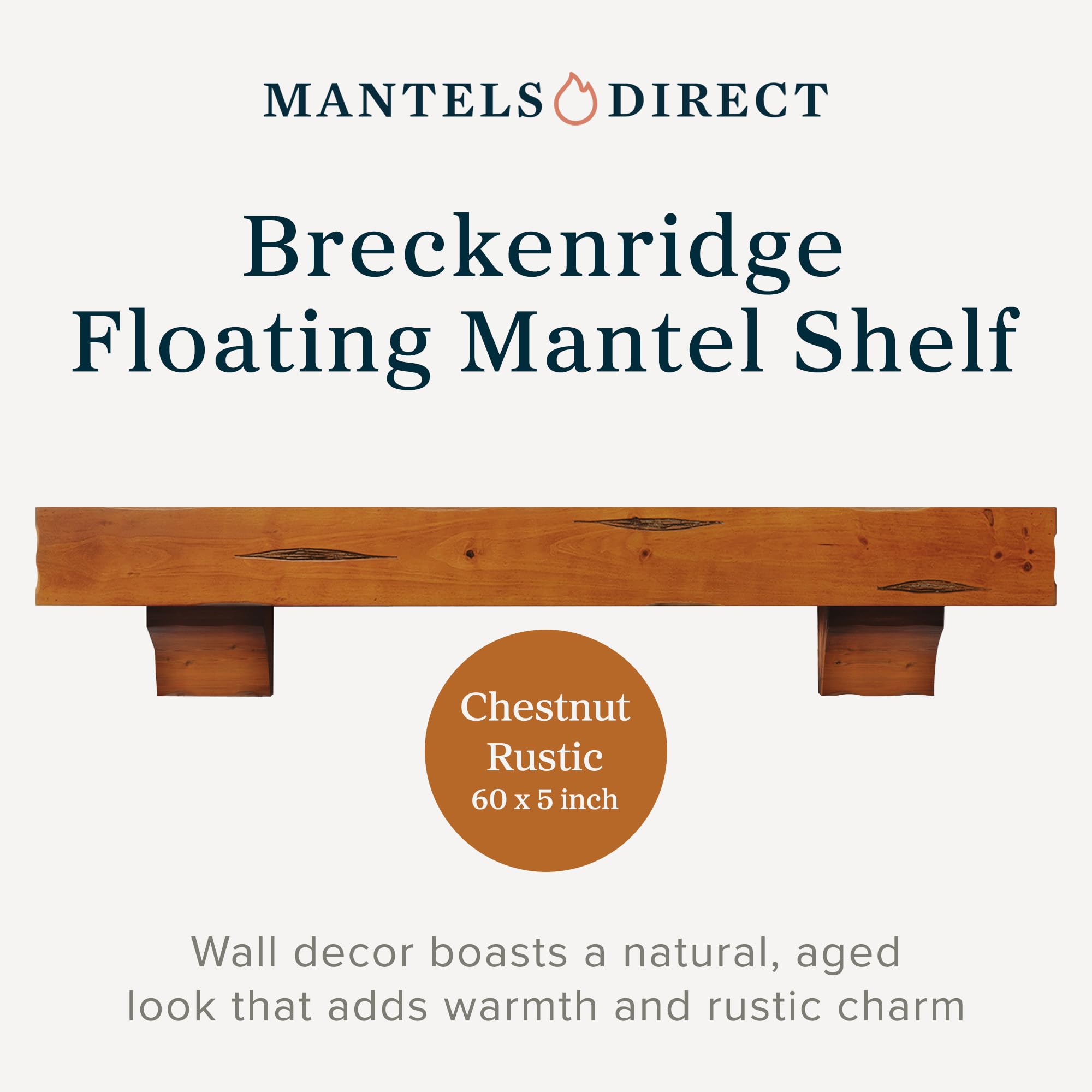 MANTELSDIRECT Breckenridge 60” Fireplace Mantel Shelf with Corbels – Rustic Floating Mantel Shelf for Over Fireplace – Chestnut - Wood Shelf for Wall – Pine Box Construction