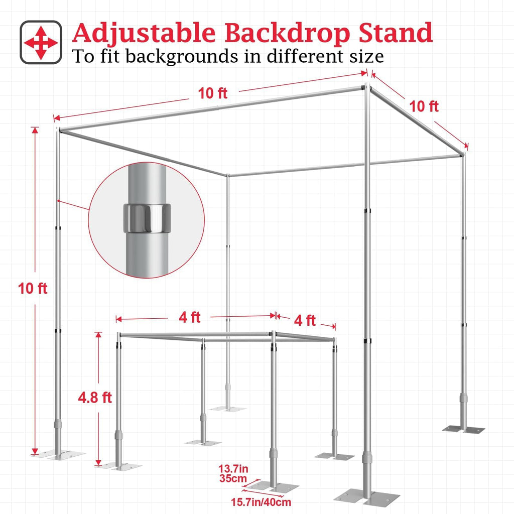 EMART 10ft Square Backdrop Stand Heavy Duty, Pipe and Drape Photo Background Support Kit, Adjustable Metal Frame with Flat Base for Wedding Birthday Party Decorations