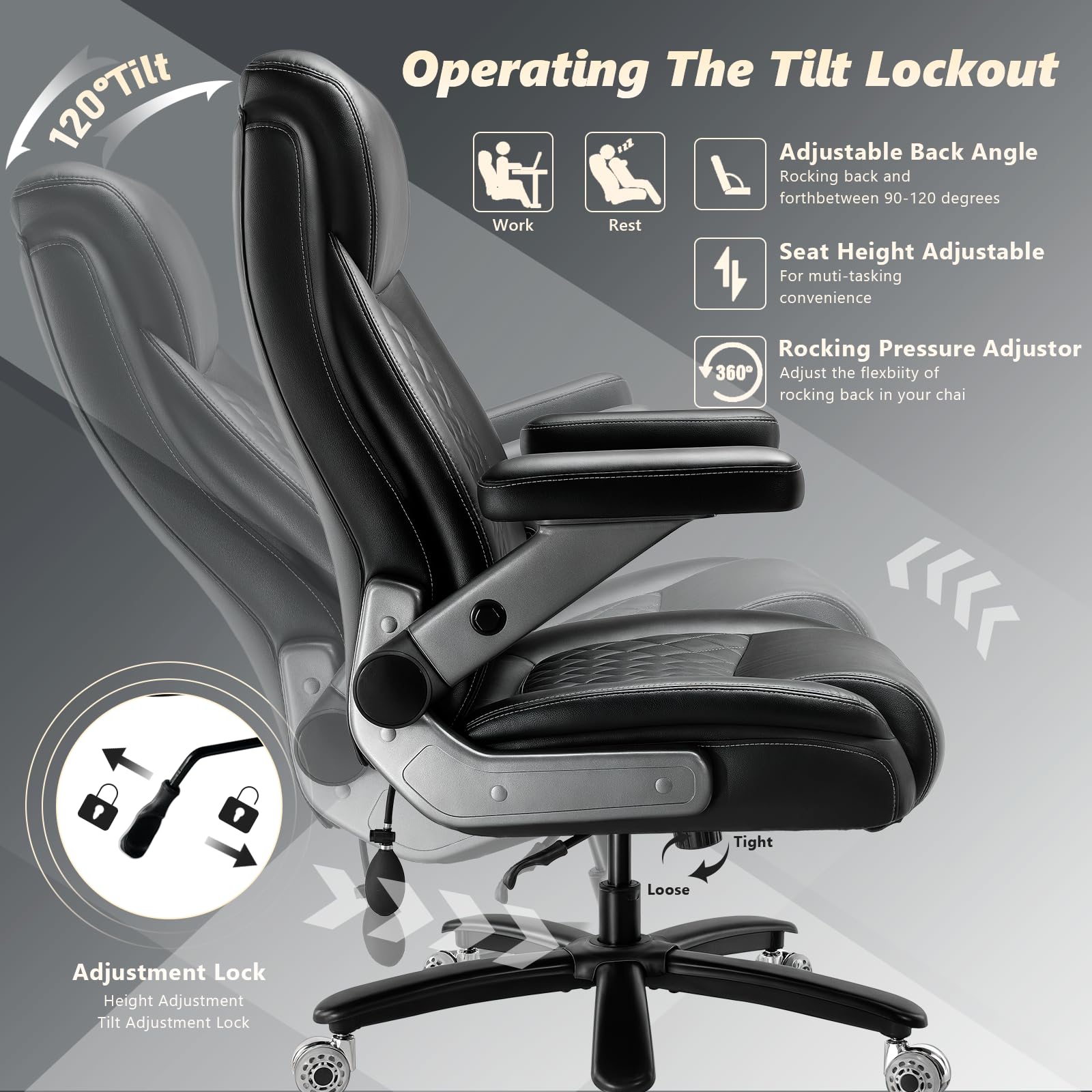 650LBS Big and Tall Office Chair with 5D Flip Arms and Thick Pocket Spring Cushion, Extra Wide Heavy Duty Office Chair & Adjustable Lumbar Support, Large High Back Computer Chair Dual Rubber Wheel