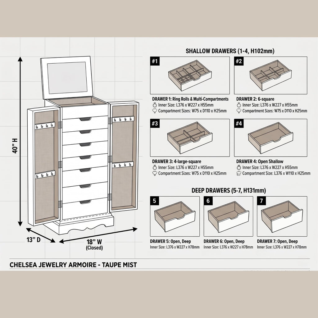 Hives & Honey Meadow Standing Jewelry Armoire Cabinet, Jewelry Storage Organizer with Top Flip Mirror, 2 Doors, 7 Drawers, Jewelry Chest, Jewelry Box for Necklace, Earring, Bracelet, Taupe
