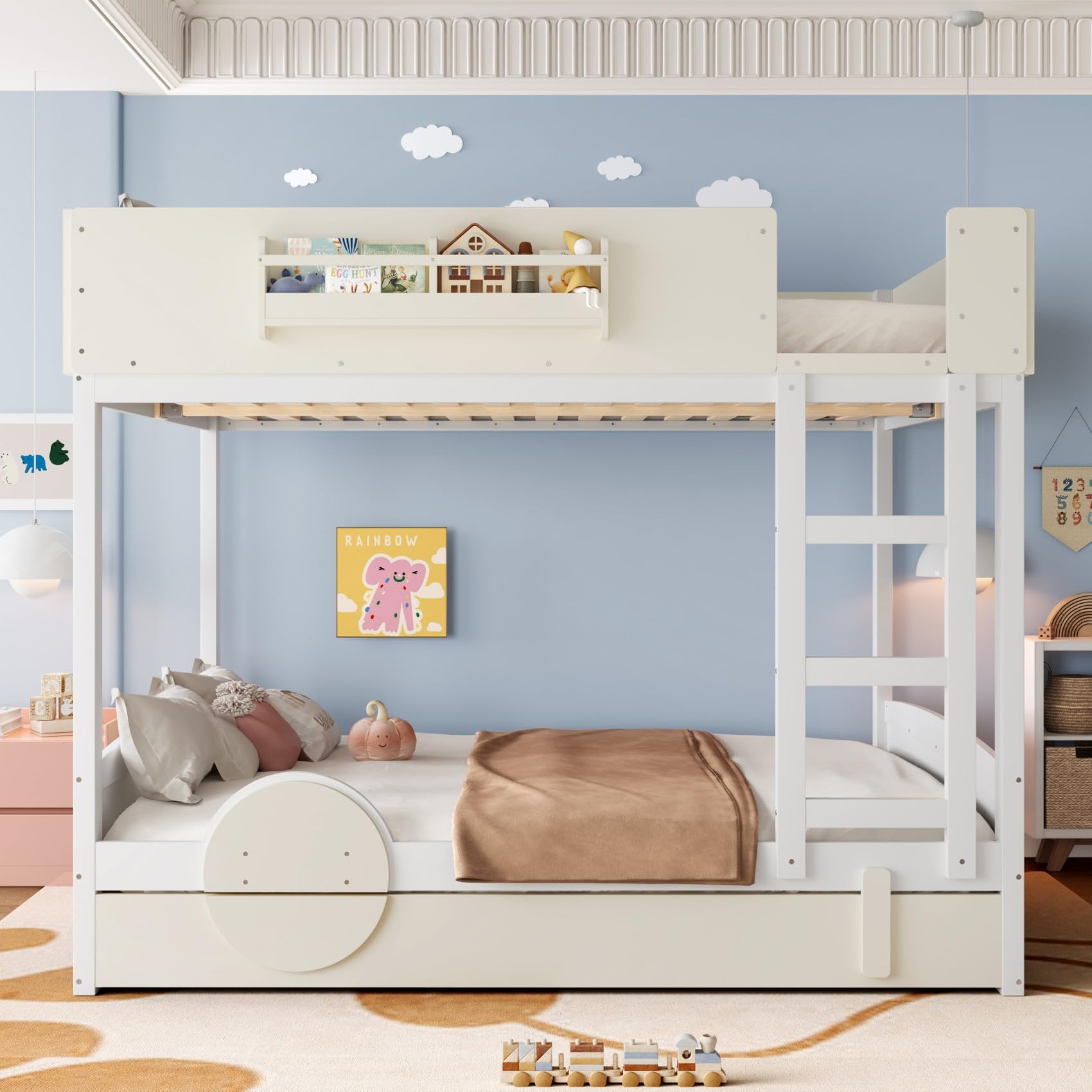 KEIKI Queen Over Queen Size Bunk Bed with Trundle, Pine Solid Wood Triple Bunk Beds Frame with Bookshelf, Guardrail, Slat and Ladders, Automobile Form Design bunkbed for Kids Teens & Adults