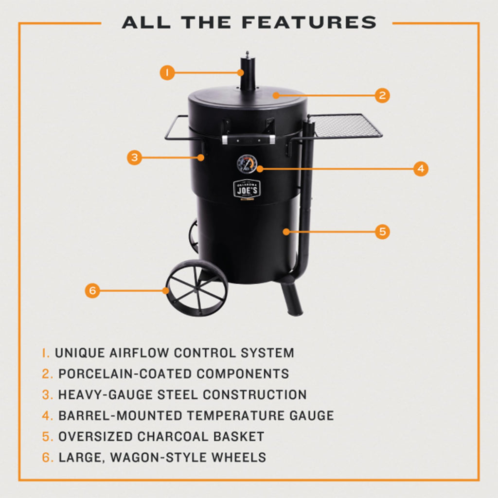 Char-Broil Oklahoma Joe's Bronco Barrel Drum Smoker Bundle with 630 Square Inch Cooking Surface and Triple Grate