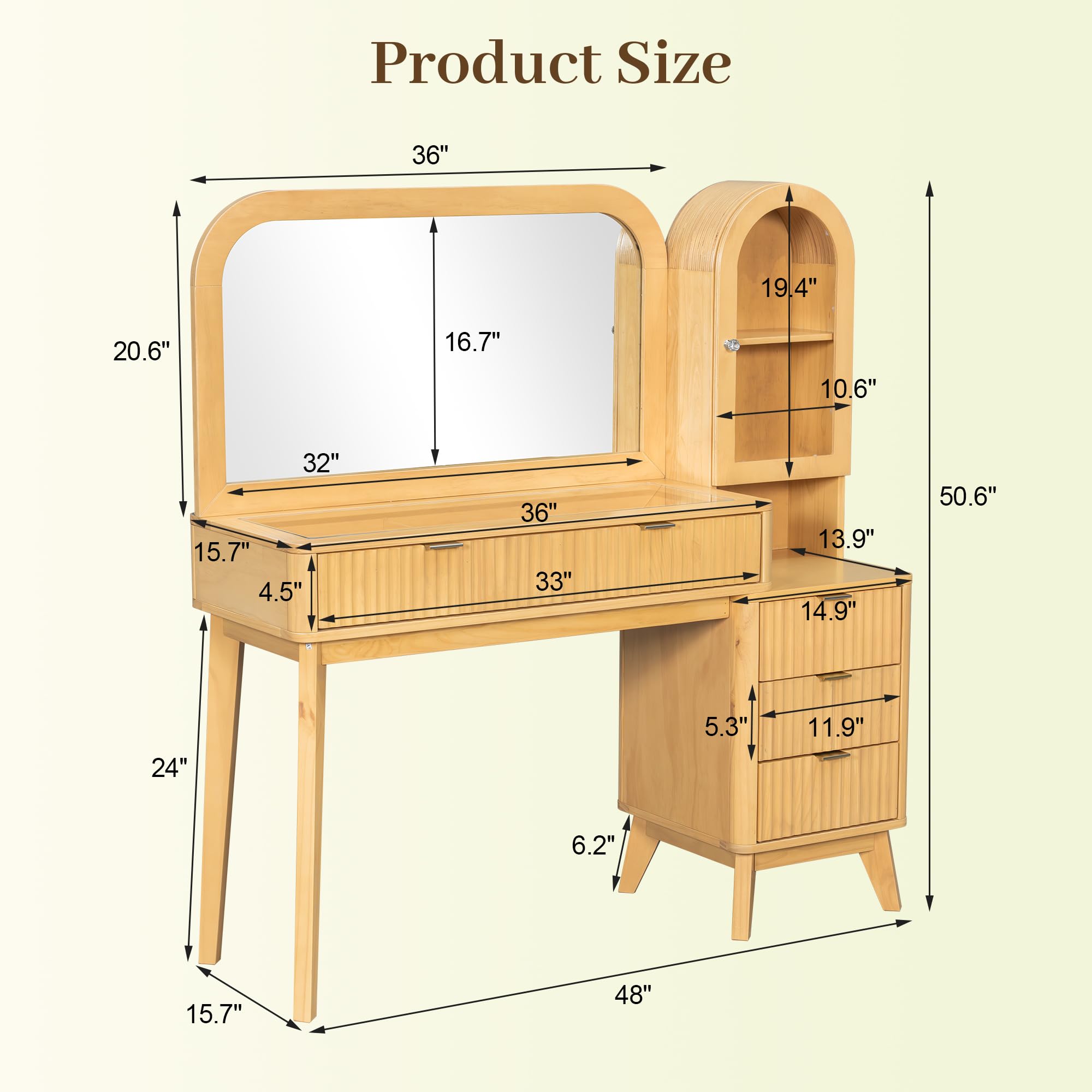 48" Fluted Makeup Vanity Desk with Large 32" Mirror, Modern Glass Top Vanity Table with 4 Drawers & Side Cabinet, Built-In Charging Station, Dressing Table Set for Bedroom, Natural Wood Finish