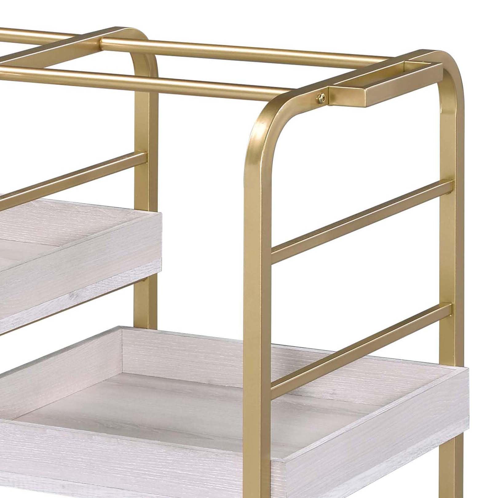 Qwtrvlizi Gold and White Washed Serving Cart with 3 Adjustable Trays