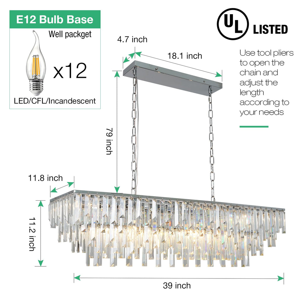 39" Modern Rectangle Crystal Chandelier, Chrome Linear Pendant Light with Clear Crystal Prisms, Luxury Island Lighting Fixture for Dining Room Kitchen Table Living Room