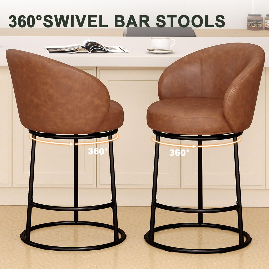 SAECKBERG Swivel Counter Height Bar Stools Set of 3, 26" H Modern Bar Height Stools for Kitchen Island, Upholstered Barstools with Backs, Brown Counter Stools Chairs, Faux Leather