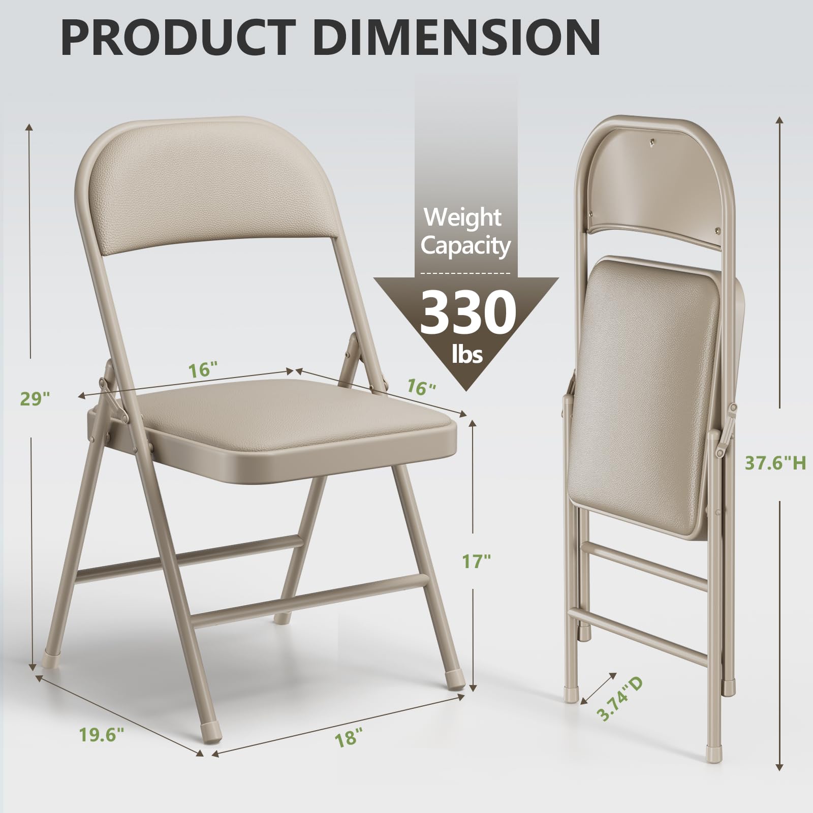 Folding Chairs 12 Pack, PU Leather Padded Folding Chairs for Outside and Indoor, Heavy Duty Portable Foldable Metal Commercial Seat for Home Office, Dorm, Party, Backyard, Lawn, Patio, Khaki