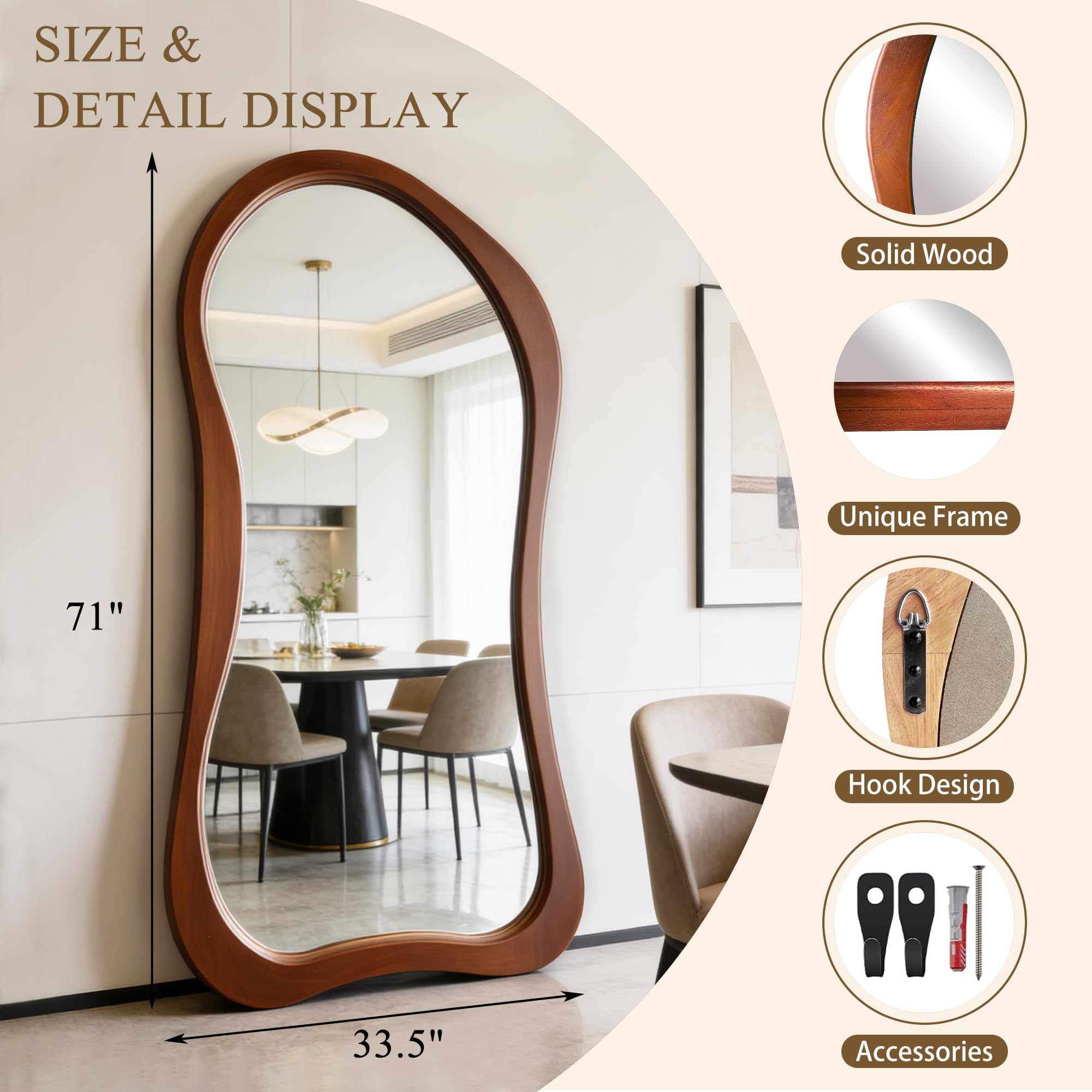 DAOYIJIAJU Irregular Full Length Mirror, 71"x33.5" Premium Oversized Organic Floor Mirror with Solid Wood Frame, Asymmetrical Full Body Mirrors for Living Room Entryway Cloakroom, Leaning/Hanging