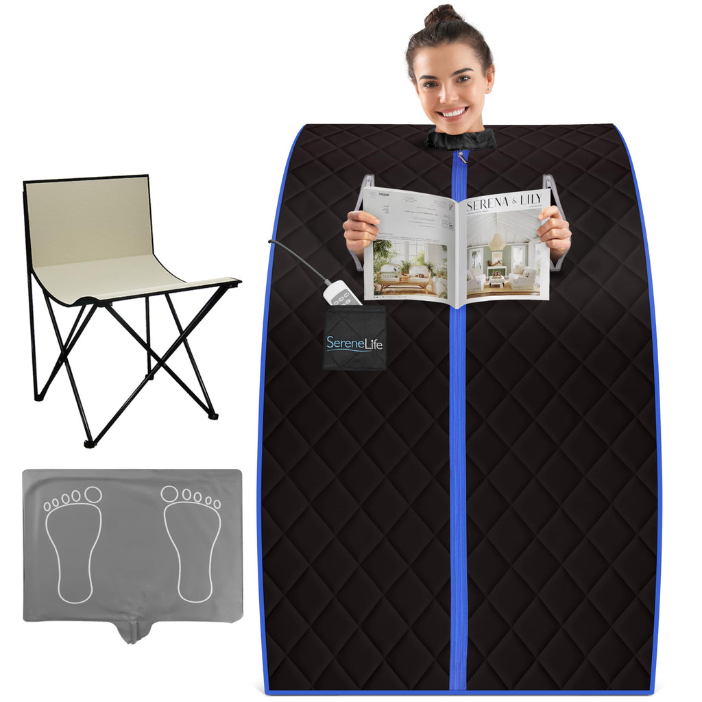 SereneLife Compact & Portable Infrared Steam Sauna, Personal Spa Style Sauna for at-Home Relaxation and Rejuvenation, Easy Access Sit-in Design, Foldable Chair, Energy Efficient, Foot Pad Heating Mat