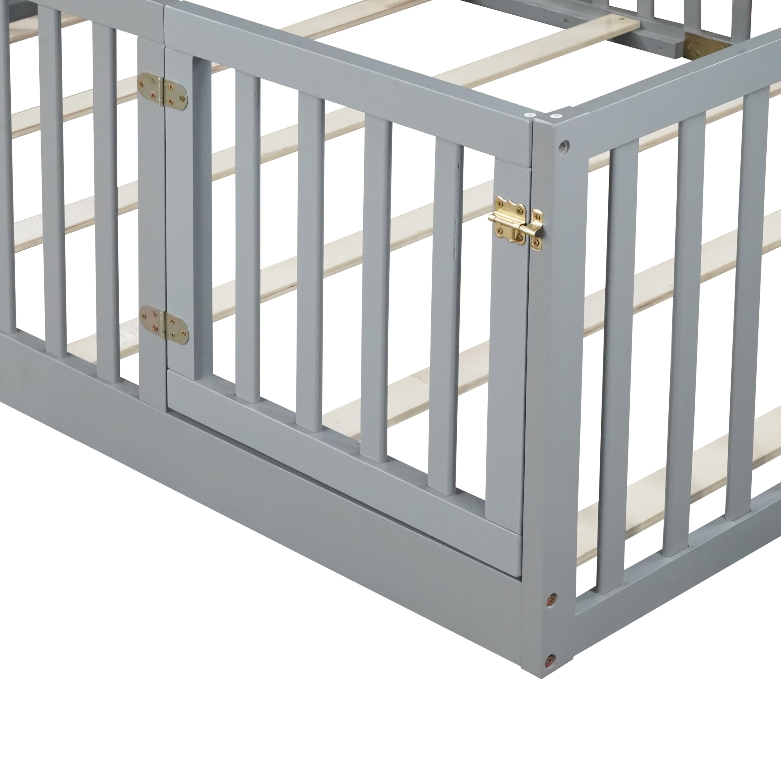 KEIKI Full Floor Bed Frame with High Fence Guardrail, Solid Wood Montessori Kids Bed, Pine Wood Platform Floor Bed with Storage Racks, White