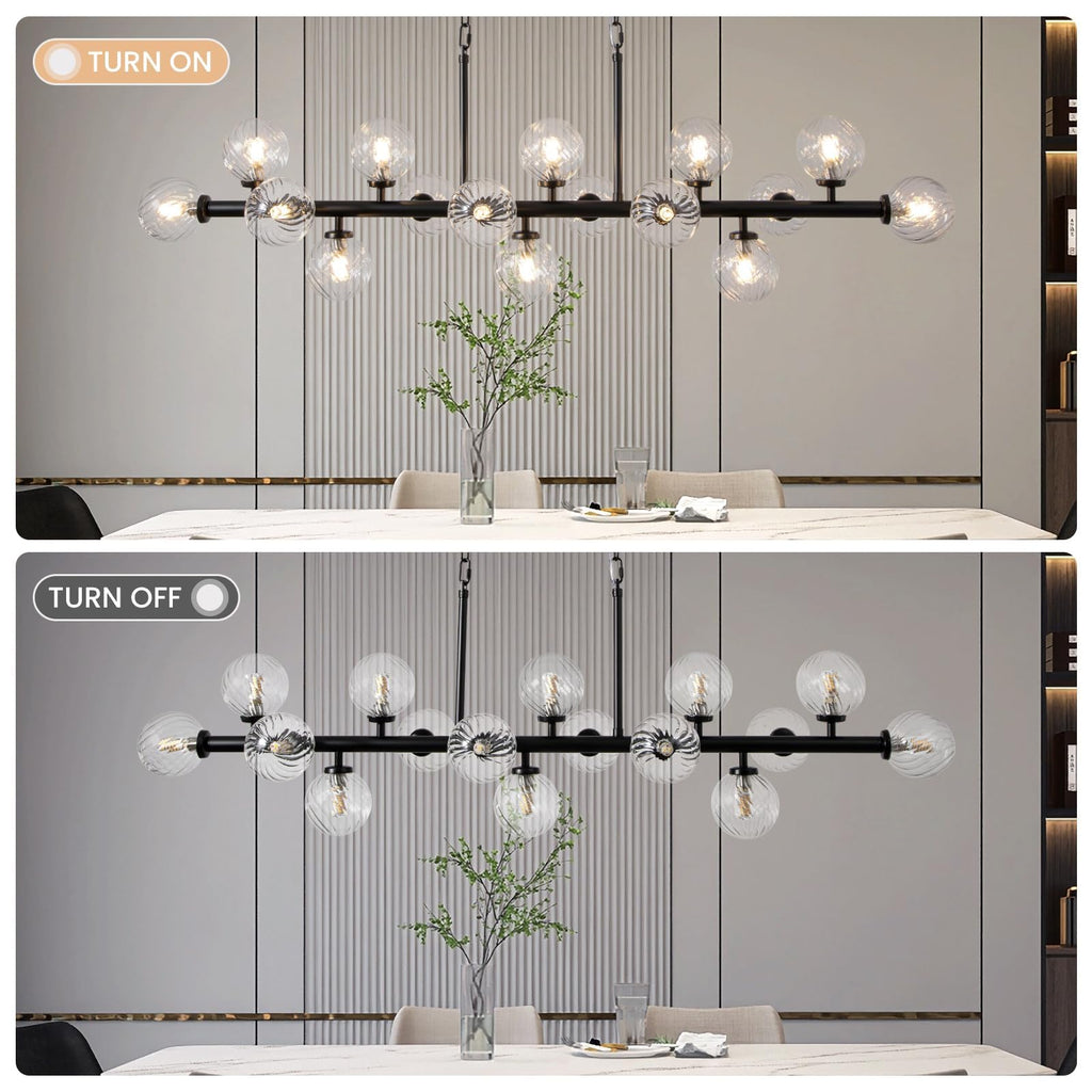DFJL 50" Modern Linear Chandelier,Mid Century Black Finish and Transparent Pleats Glass Bubble Sputnik Pendant Light Fixtures, for Dining Room Kitchen Island Rectangle Over Table 16-Lights