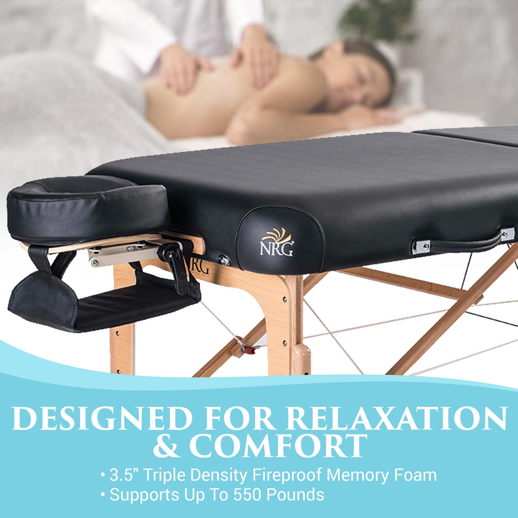 NRG Vedalux Portable Massage Table Package | Black | Folding Lightweight Massage Bed | Professional Spa Table with Face Cradle, Hanging Armrest & Carrying Case