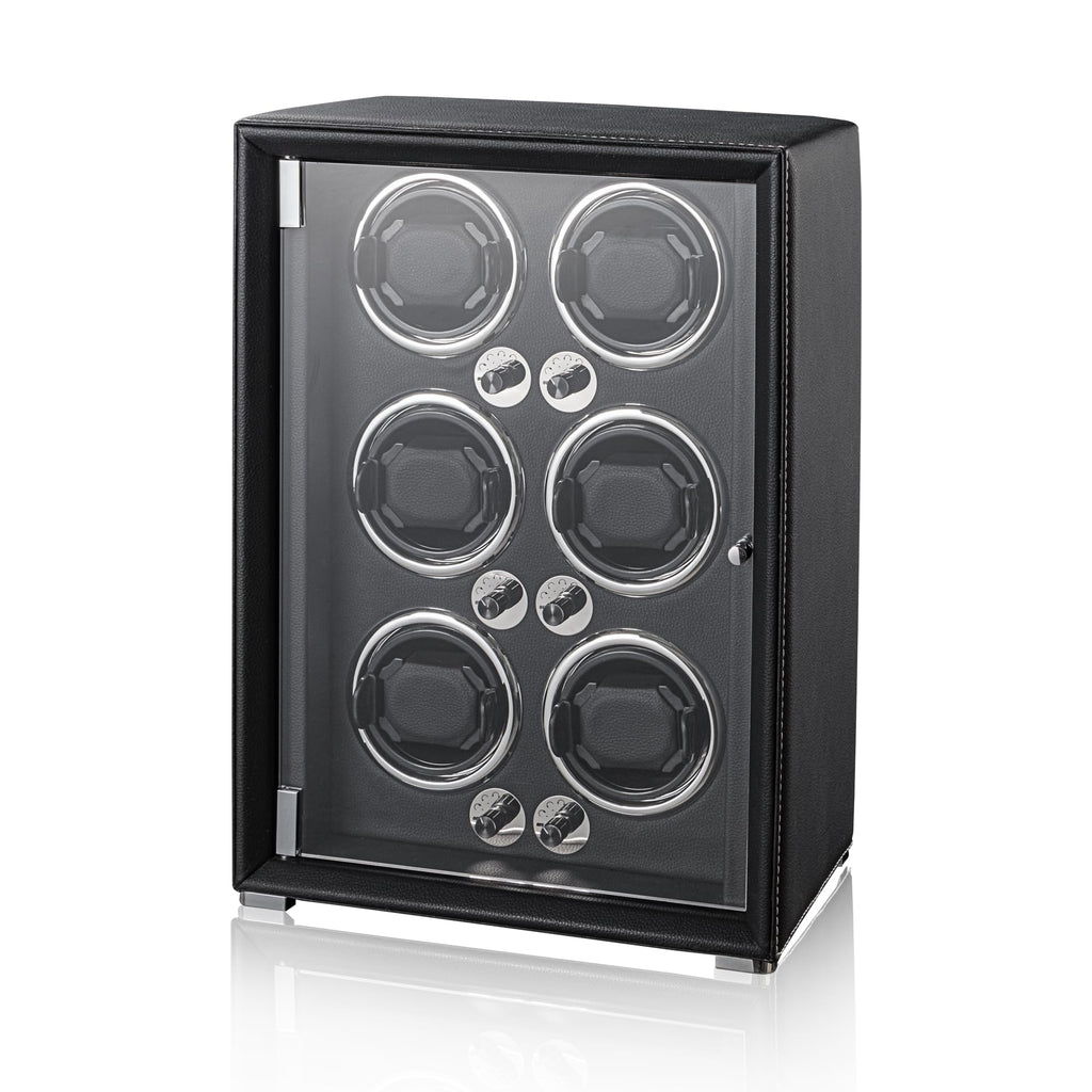 KOHUDIS Watch Winder for 2/4/6/9 Automatic Watches, high-end Leather Making, Super Quiet Mabuchi Motor, Two Power Modes, Built-in led Lights (Black, 6 Slots)