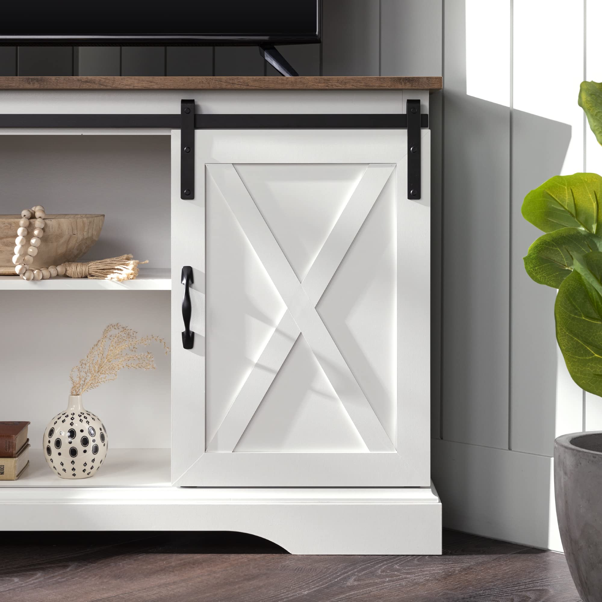Walker Edison Everette Modern Farmhouse Double Sliding X Barn Door TV Stand for TVs up to 58 Inches 52 Inch Reclaimed Barnwood and Solid White