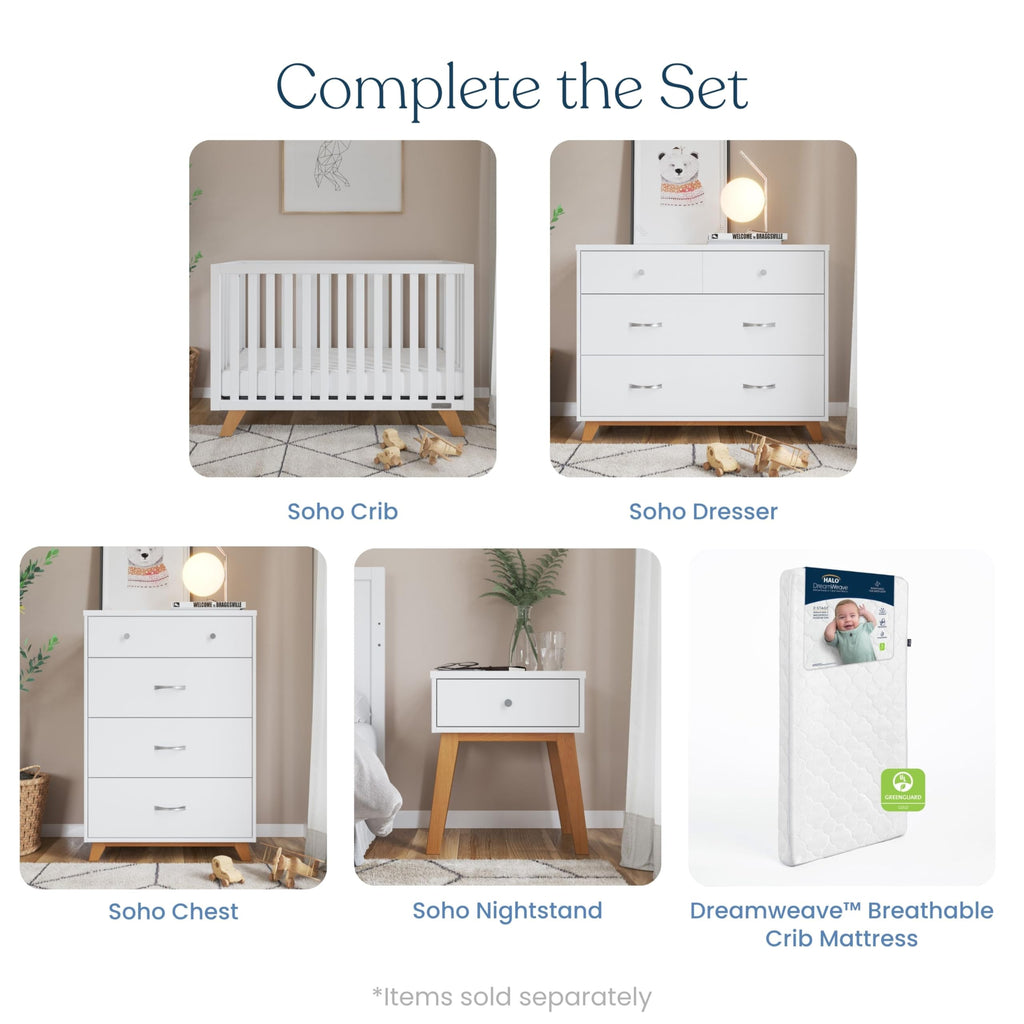 Child Craft SOHO 4-in-1 Convertible Crib, Baby Crib Converts to Day Bed, Toddler Bed and Full Size Bed, 3 Adjustable Mattress Positions, Non-Toxic, Baby Safe Finish (White/Natural)