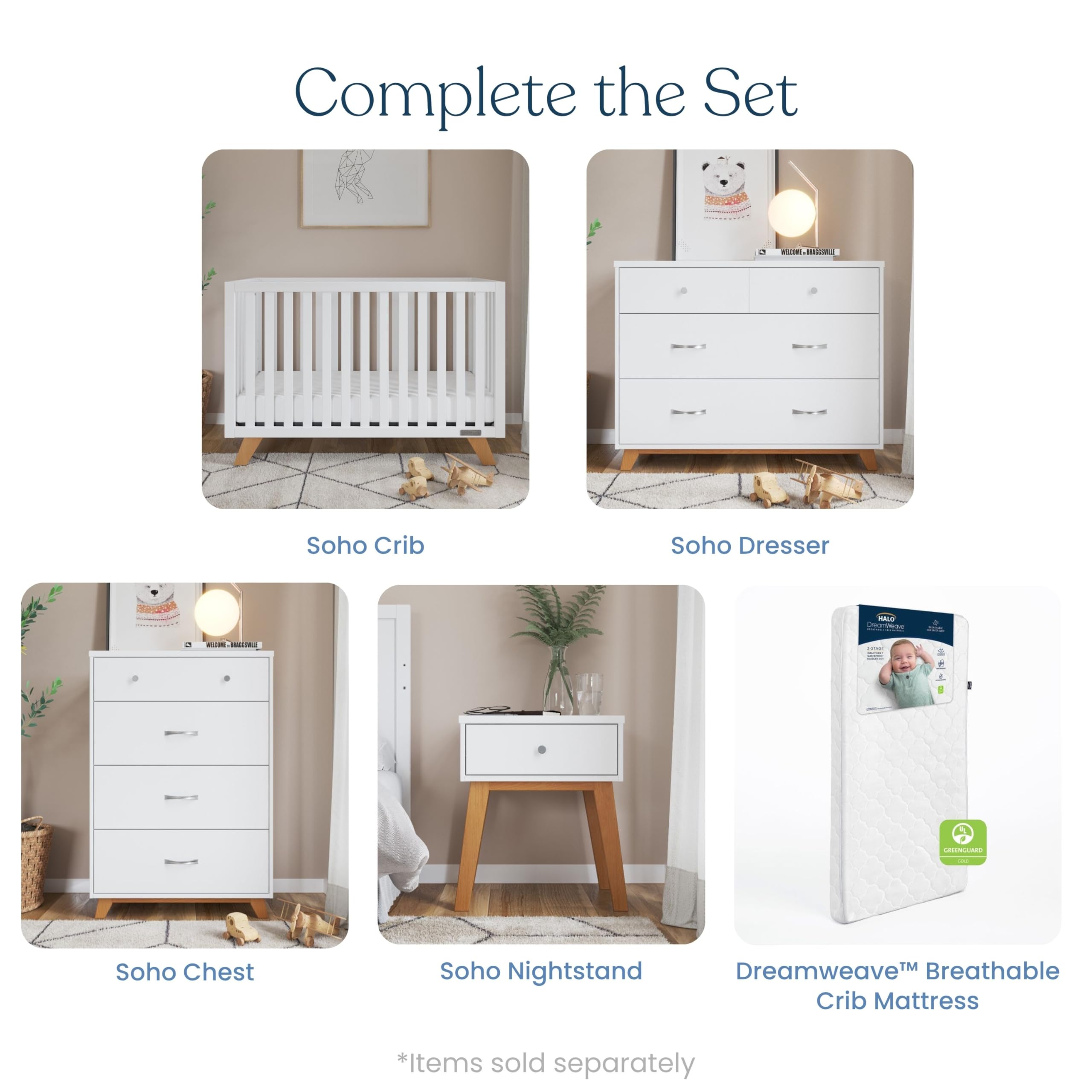 Child Craft SOHO 4-in-1 Convertible Crib, Baby Crib Converts to Day Bed, Toddler Bed and Full Size Bed, 3 Adjustable Mattress Positions, Non-Toxic, Baby Safe Finish (White/Natural)