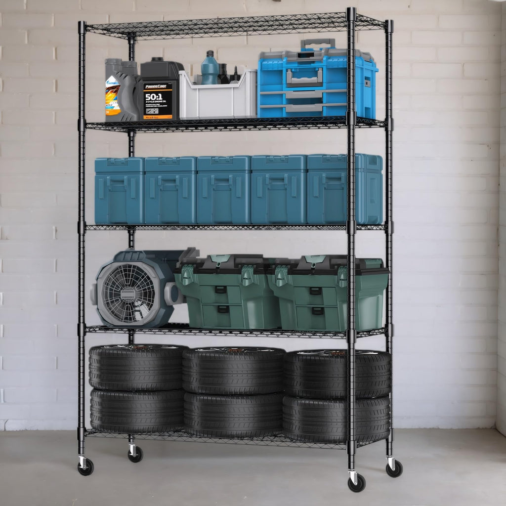 Himimi Storage Shelves 60"W Wire Shelving with Wheels 3250LBS Heavy Duty Metal Shelves for Storage, 5-Tier Adjustable Wire Rack Shelving Garage Shelving Kitchen Storage Shelves 24"Dx60"Wx82"H, Black
