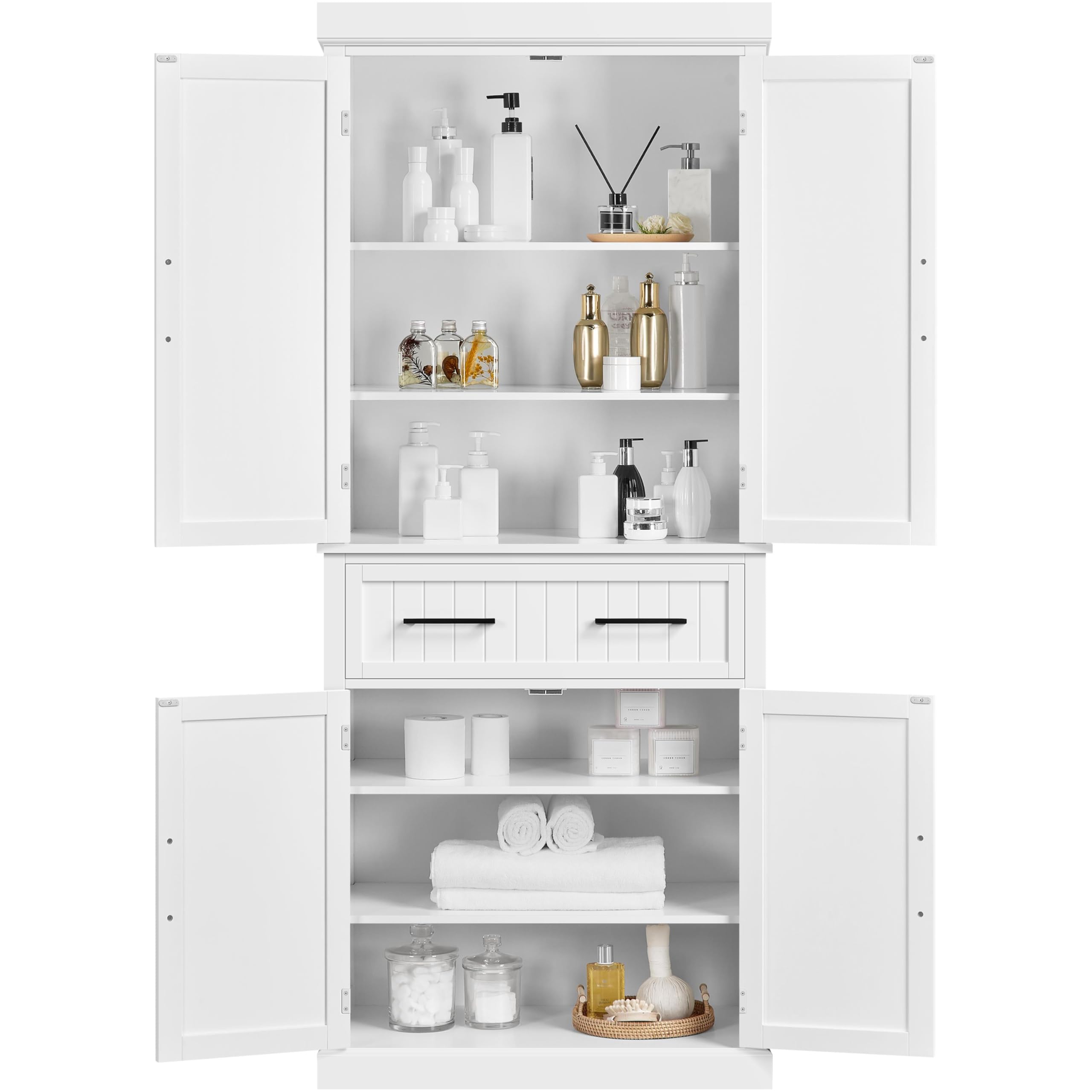 Yaheetech 72.5" Bathroom Floor Cabinet Wooden Storage Organizer with 4 Doors and 1 Drawer, Free-Standing Cupboard for Kitchen/Living Room/Bathroom Use, White
