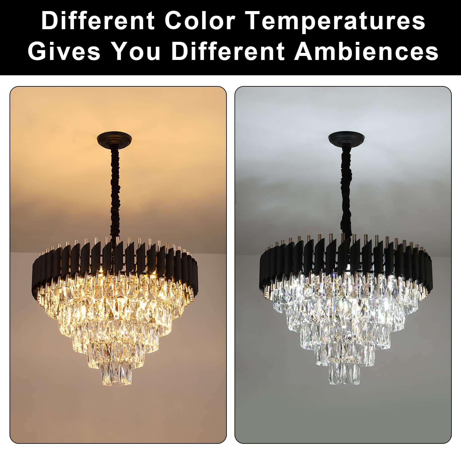 AXILIXI Crystal Chandelier Contemporary, 24" Modern Living Room Chandeliers, K9 Crystal Ceiling Lights Fixtures, Round 5 Tiers Pendant Lighting Chandelier Black for Entryway Dining Room Staircase