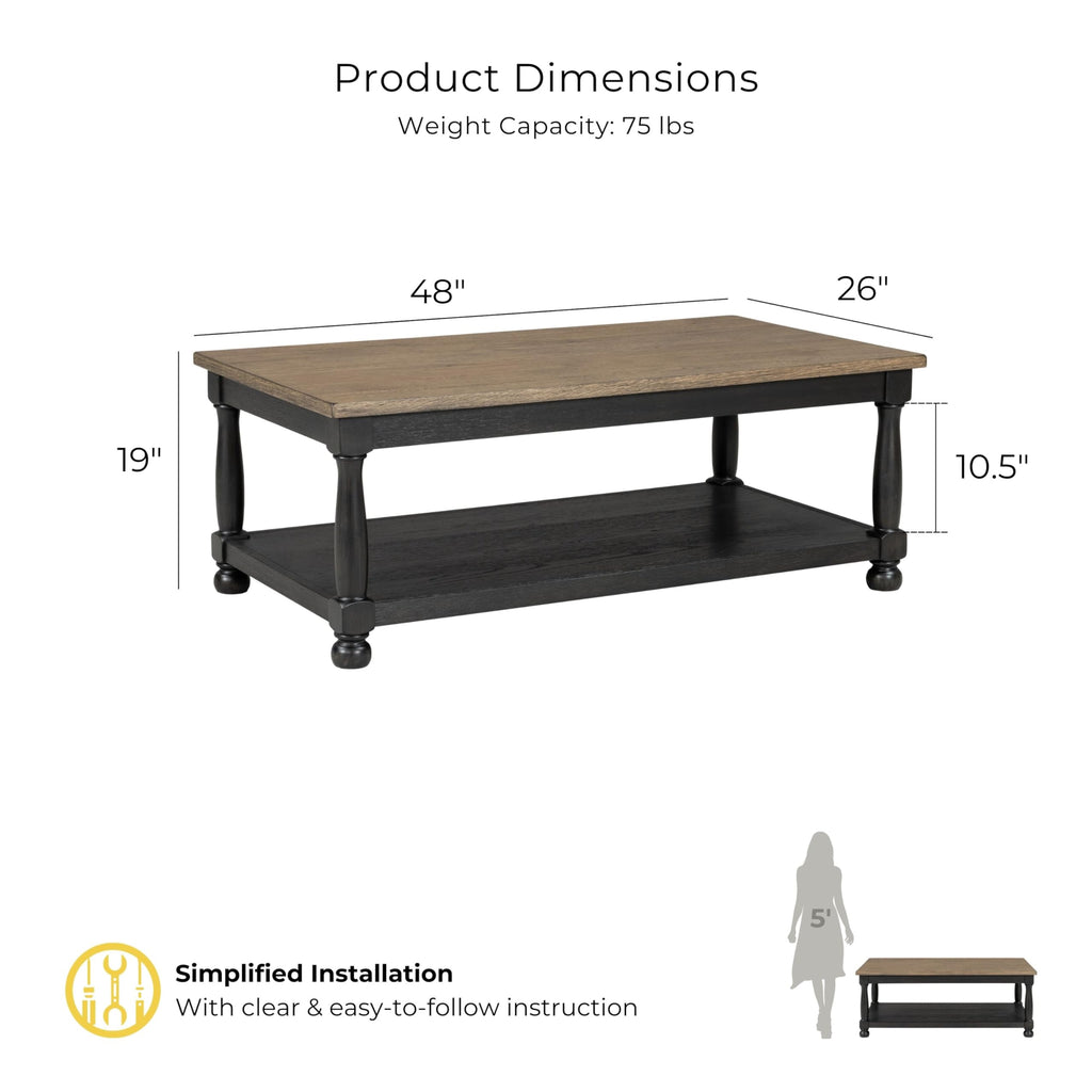 Furniture of America Narella Solid Wood 48-inch Rectangular Coffee Table with Two-Toned Design and Farmhouse Legs for Living Room, Weathered Black