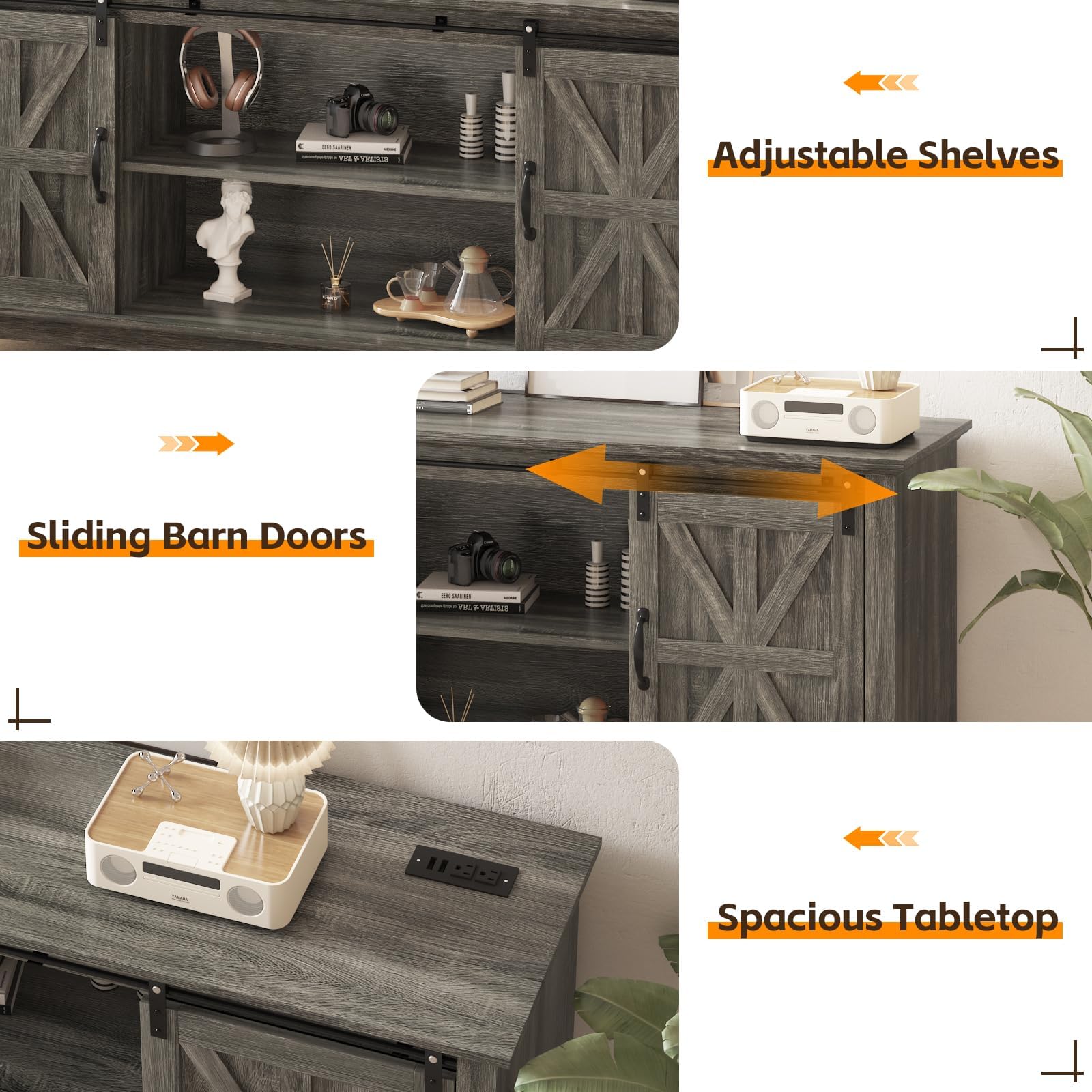 GarveeLife 66 in Farmhouse Sideboard Buffet Cabinet with Power Outlets, Entertainment Center with Sliding Barn Door & Large Storage Cabinets w/Adjustable Shelf, 28 in Tall TV Media Console, Dark Grey