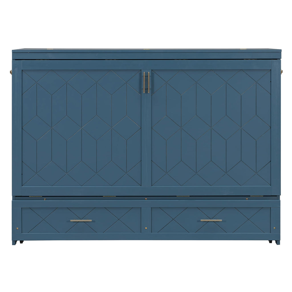 Merax Queen Size Murphy Cabinet Bed with Storage Drawers, Wall Murphy Bed with a Set of Sockets & USB Ports, Folding Platform Bed for Small Room