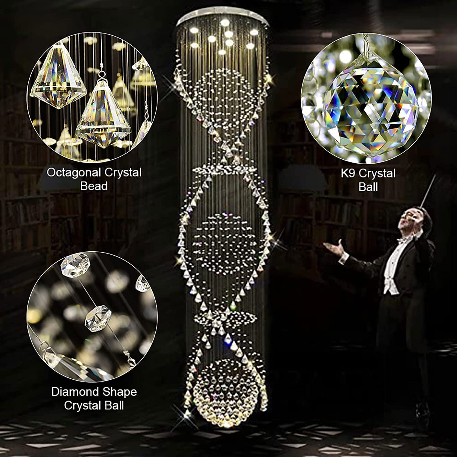 7PM Chandelier for Staircase, Crystal Foyer Chandelier High Ceiling, Modern Raindrop Chandeliers Flush Mount Ceiling Light Fixture for Spiral Staircase, Foyer, Entryway, High Ceiling W25.6 X H 98.4"