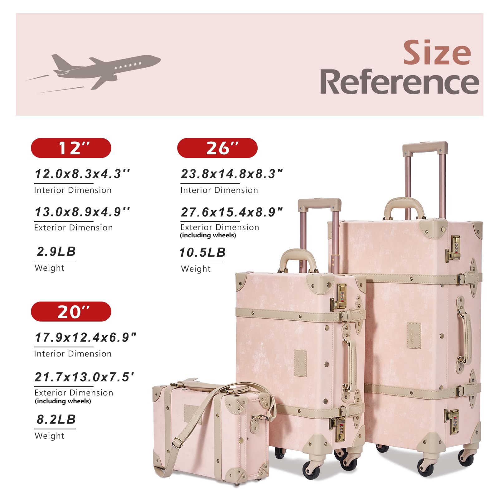 UNIWALKER Vintage Leather Suitcase Set of 2, Retro Trunk Style Spinner Luggage with Cosmetic Train Bag for Women(Velvet Pink, 26''+12'')