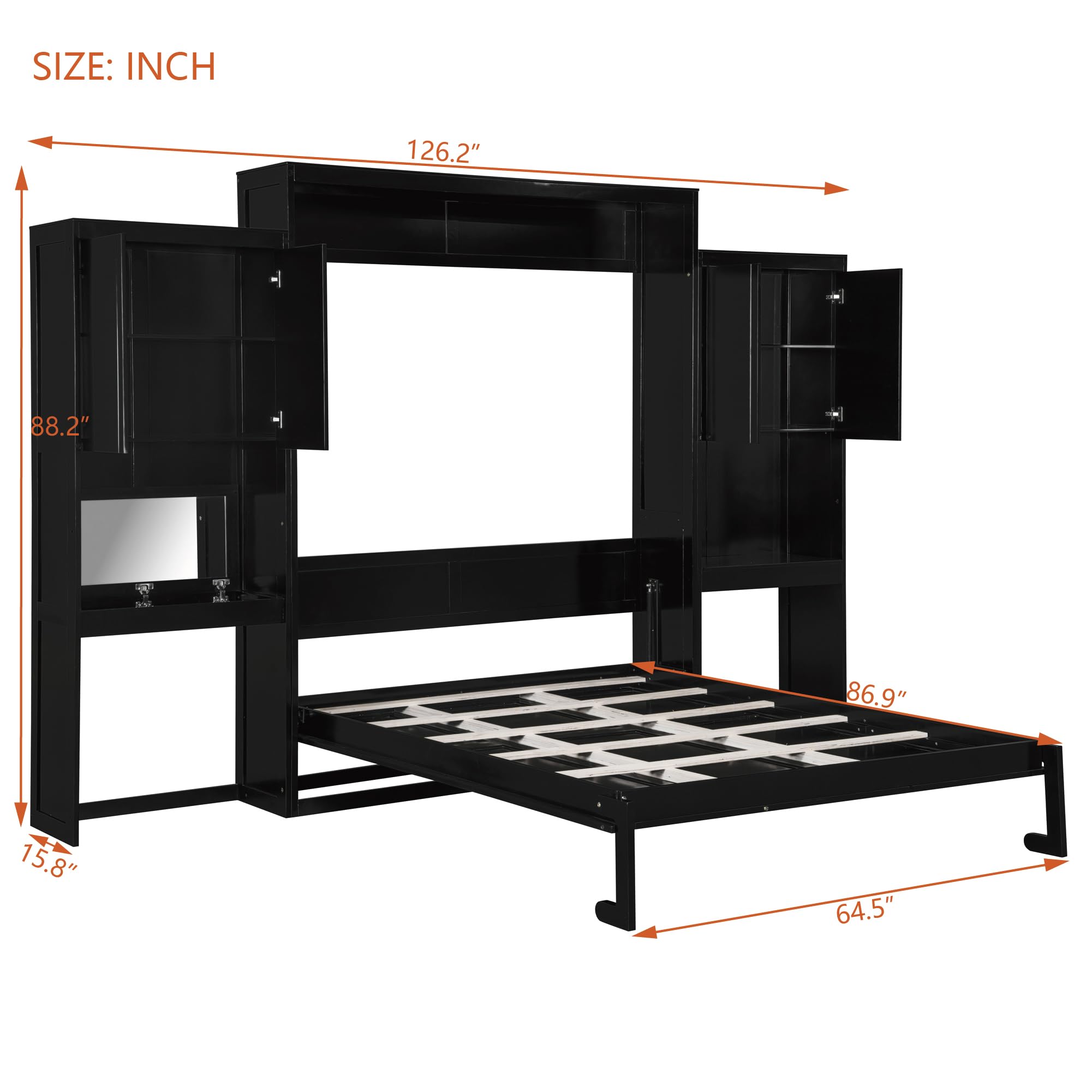 Ball & Cast Murphy Bed Queen Size,Wood Storage Hide Cabinet Wall Beds with Desk and Vanity,Space-Saving Bedroom Furniture w/Cabinets & Mirror,can be Folded for Home Office,Study,Guest Room,Espresso