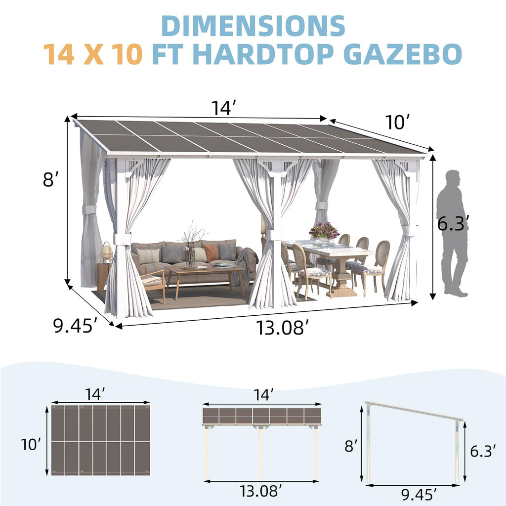 AECOJOY 14'x10' Outdoor Lean to Gazebo with Curtains and Mosquito Netting for Patio, Hard Top Wall Mounted Pergolas and Gazebos Clearance, Large Heavy Duty Metal Awnings for Decks in White