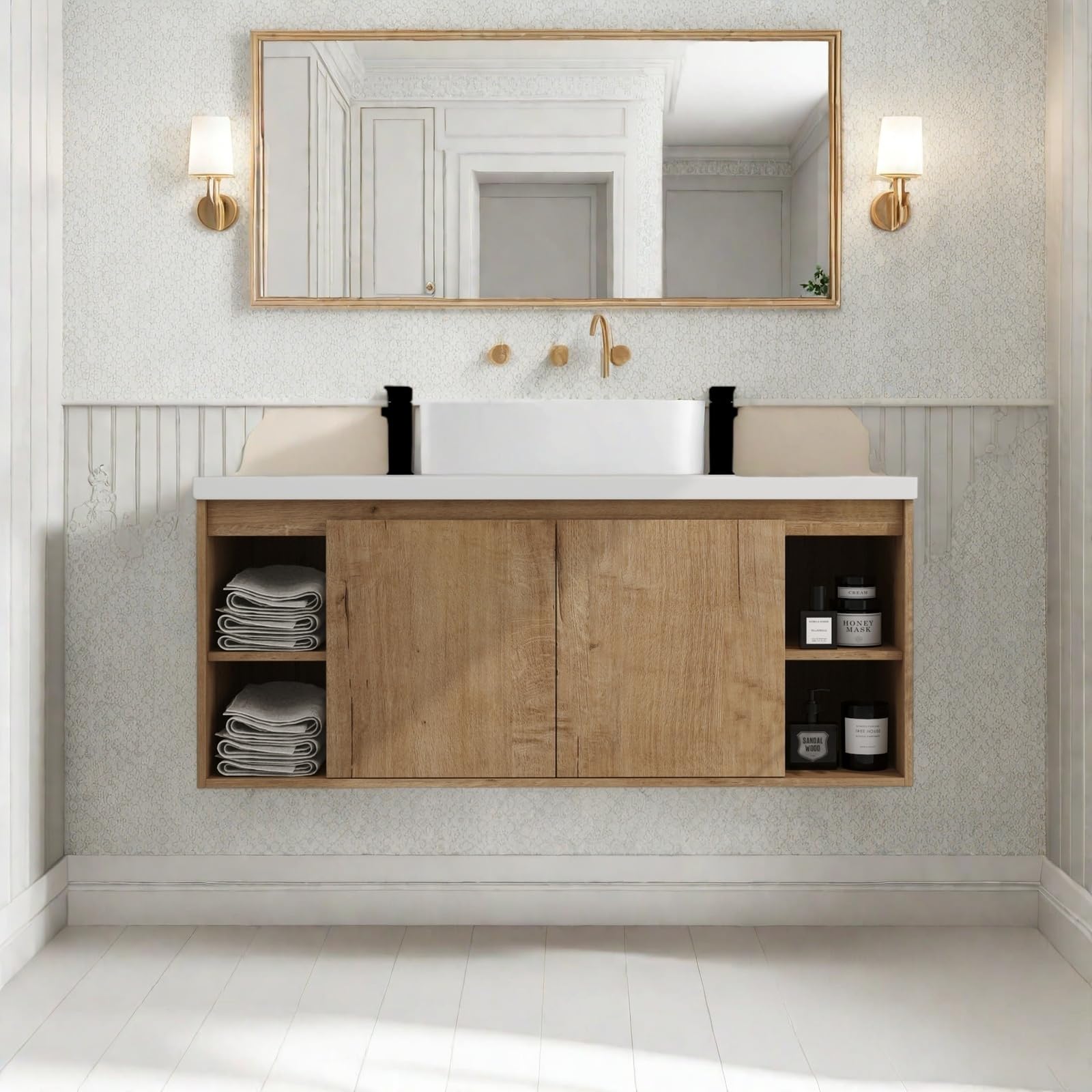Trygoal Floating Bathroom Vanity, 48" Bathroom Storage Cabinet with Double Resin Sinks, 2 Soft-Close Doors & 4 Open Storage Shelves, Modern Wall-Mounted Vanity with 45° Bevel Handles, Oak