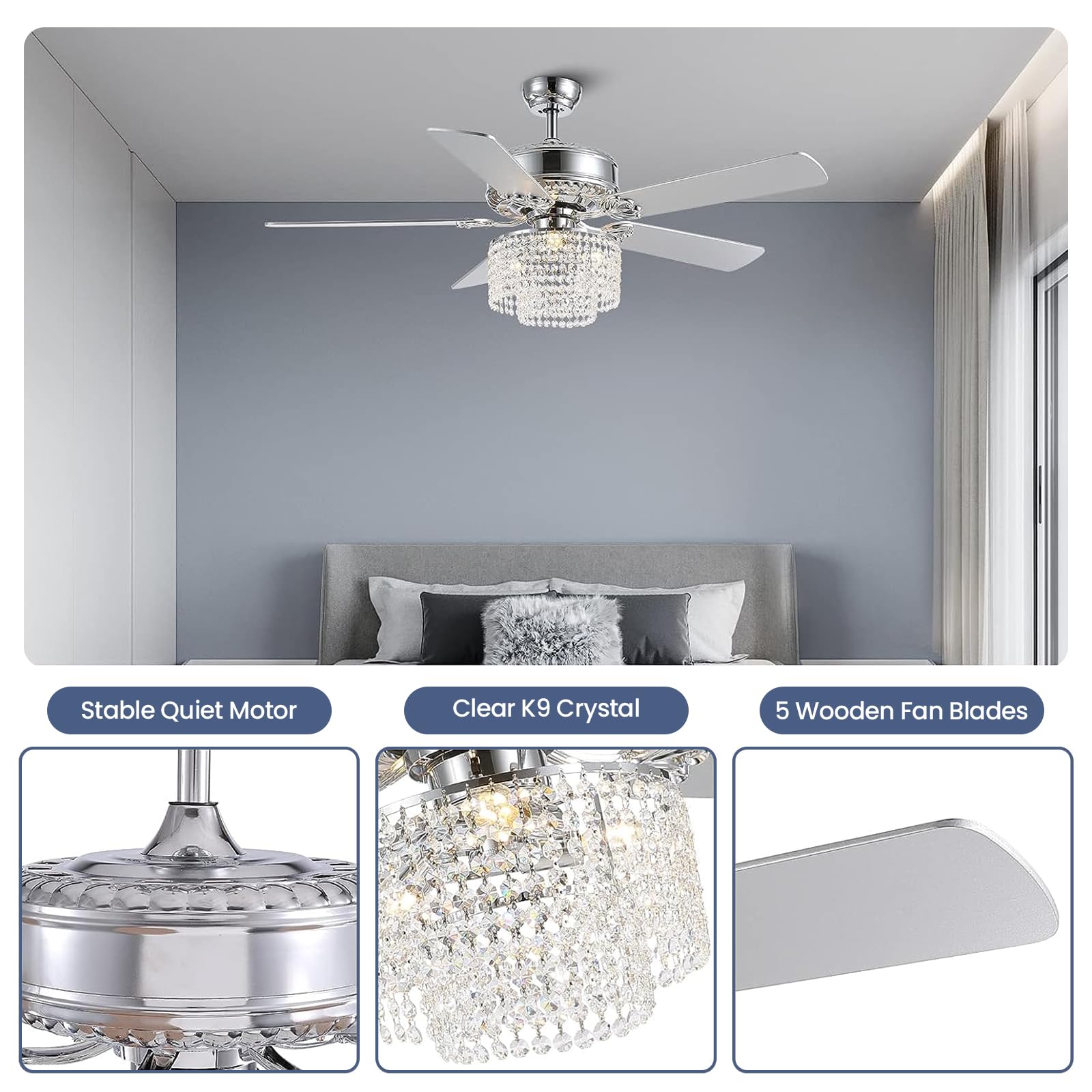 CROSSIO 52 Inch Crystal Ceiling Fan with Light and Remote Control, Modern Chandelier Fan with 5 Reversible Wood Blades Chrome Fandelier for Living Room Bedroom (Fine line Crystal-Ceiling Fan)