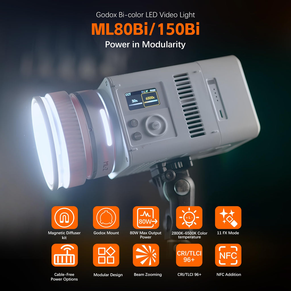 GODOX ML150BI LED Video Light BI-Color 2800K-6500K,Portable Handheld Led Photo Monolight,CRI 96+ TLCI 97+,61054Lux@1m,Support NFC&APP, for Photographers,Filmmakers,Studios