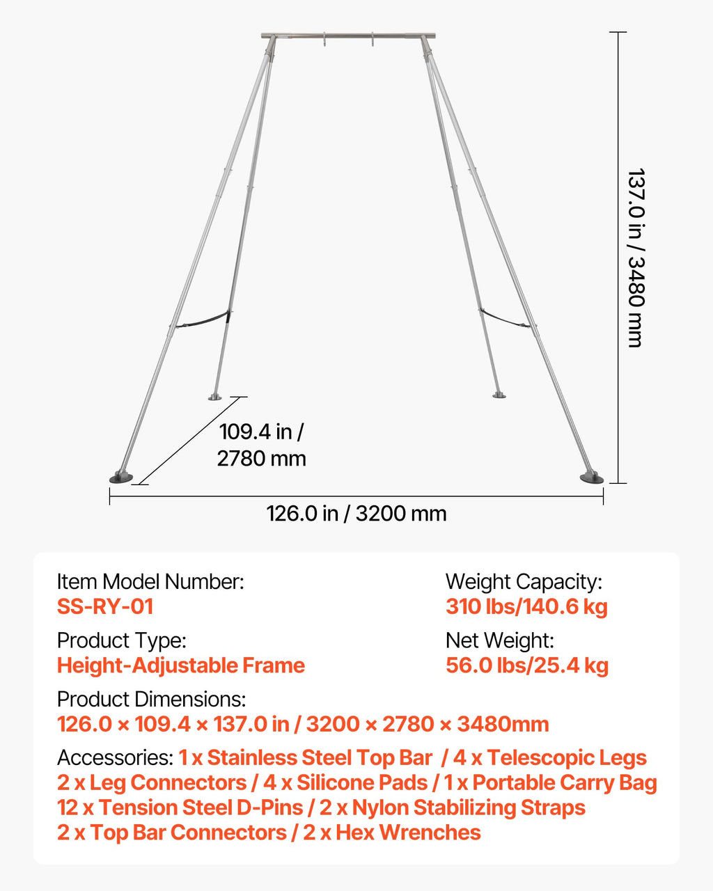 VEVOR Adjustable Yoga Aerial Rig, Aerial Silk Stands with Height Adjustable 5-11FT, Portable Stainless Steel Rig& Aluminum Frame Legs, Fit with Hoops/Lyra/Silks/Hammock