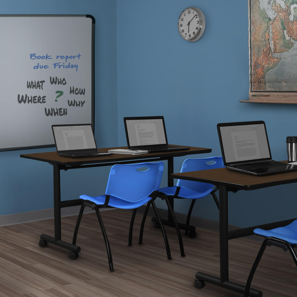 Regency Kobe 72 x 30 in. Flip-Top Training Nesting Table- Neo Walnut, 2 M Stack Chairs- Blue