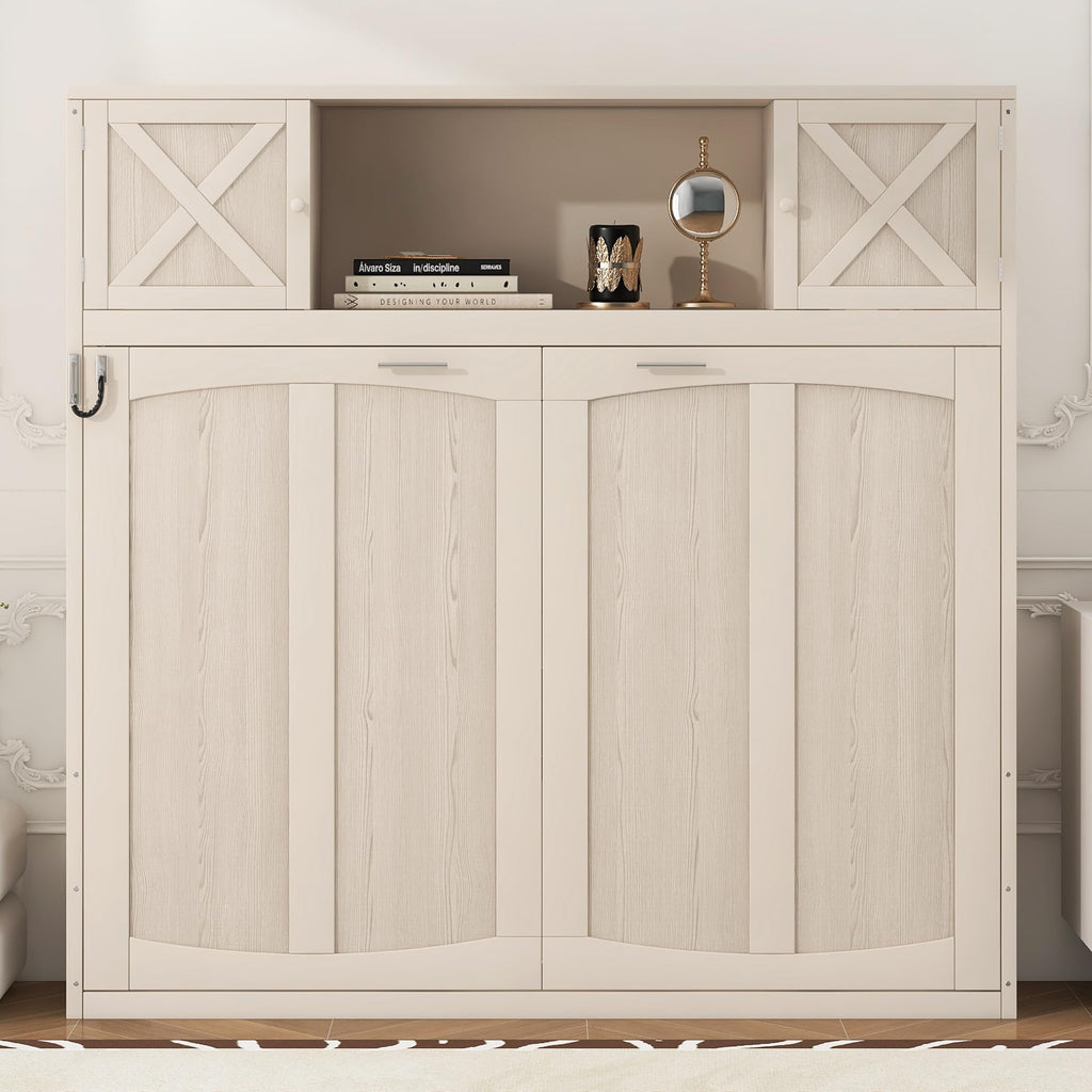 Ball & Cast Full Size Murphy Bed with Storage Cabinet,Wood Hideaway Beds,Folded Wall Bedframe for Bedroom,Guestroom,Space Saving,White