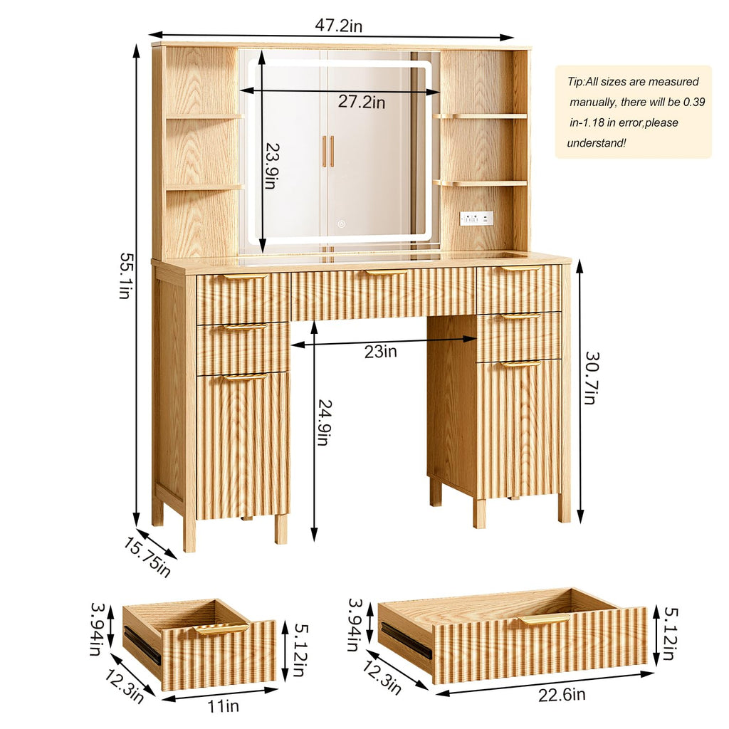 Vanity Desk with Large 27.2" Mirror and Lights 47.2" Fluted Makeup, 5 Drawer Vanity with Power Strip, 4 Open Shelves, 2 Cabinet, Modern Bedroom Vanity Featuring Visual Transparent Glass. Wood