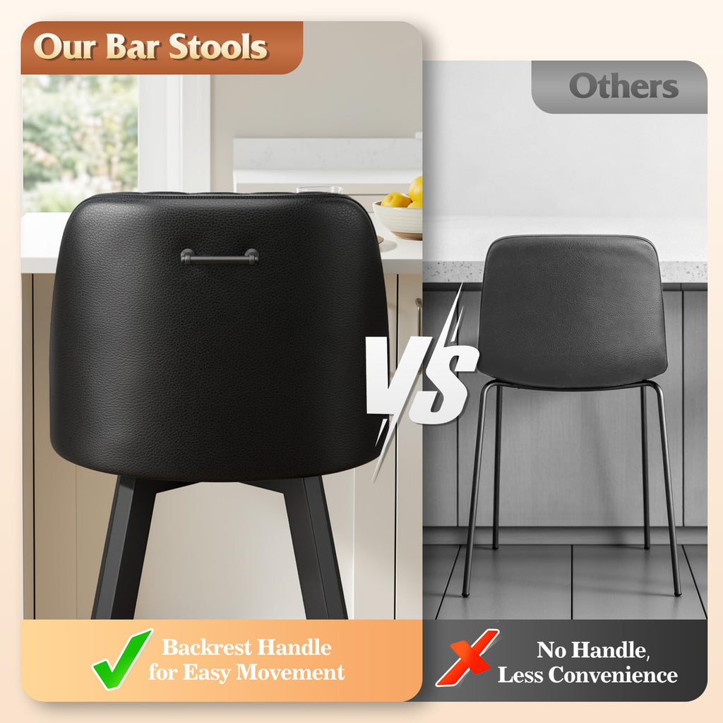Memobarco Swivel Bar Stools with Backs, 26 Inches Counter Height Bar Stools Set of 3, PU Leather Upholstered Counter Barstools with Metal Legs and Footrest for Kitchen Island, Home Bar, Black