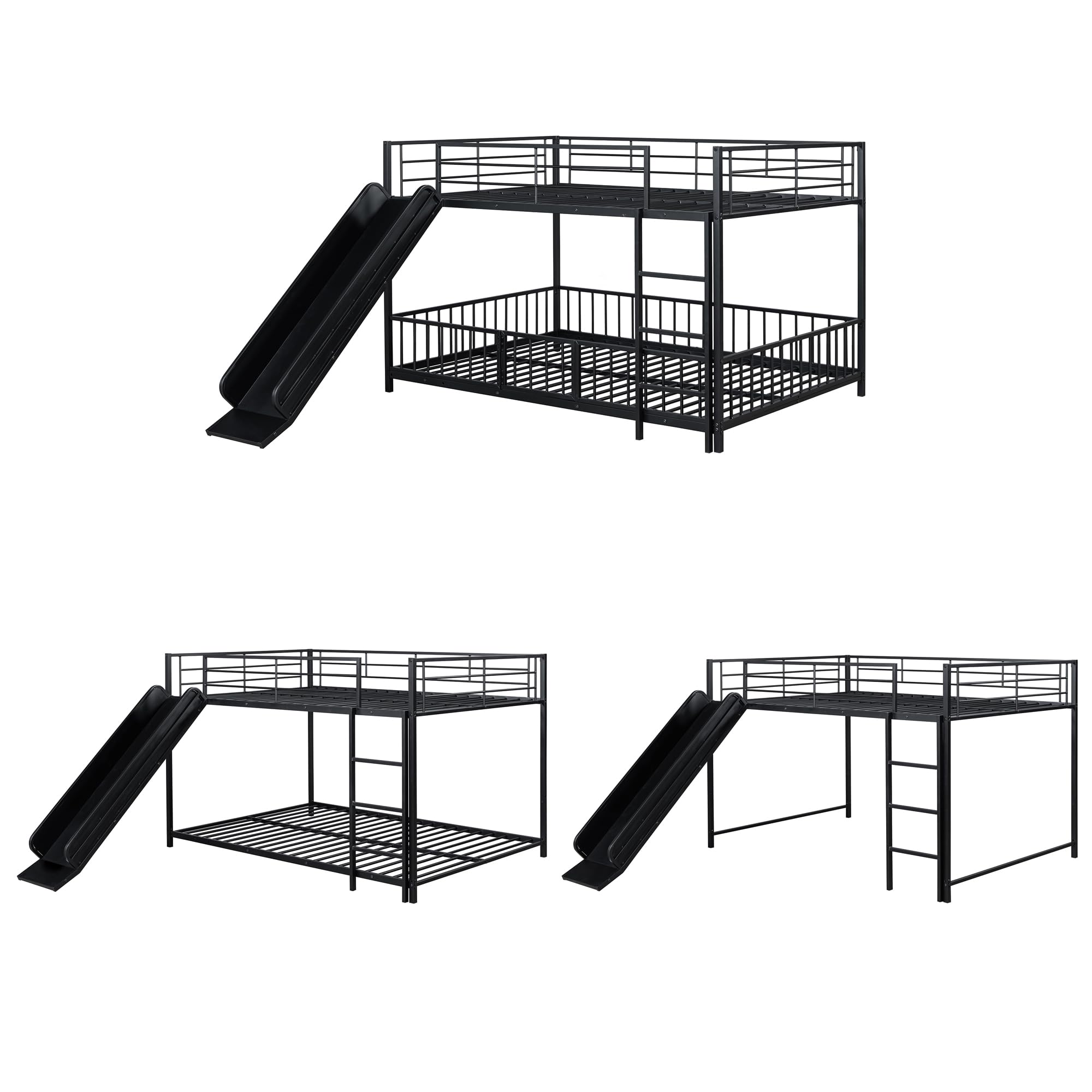 Bellemave Full Over Full Bunk Bed with Slide and Ladder, Metal Low Bunk Bed for Kids, Girls, Boys, Removable Fence, with Door, Black
