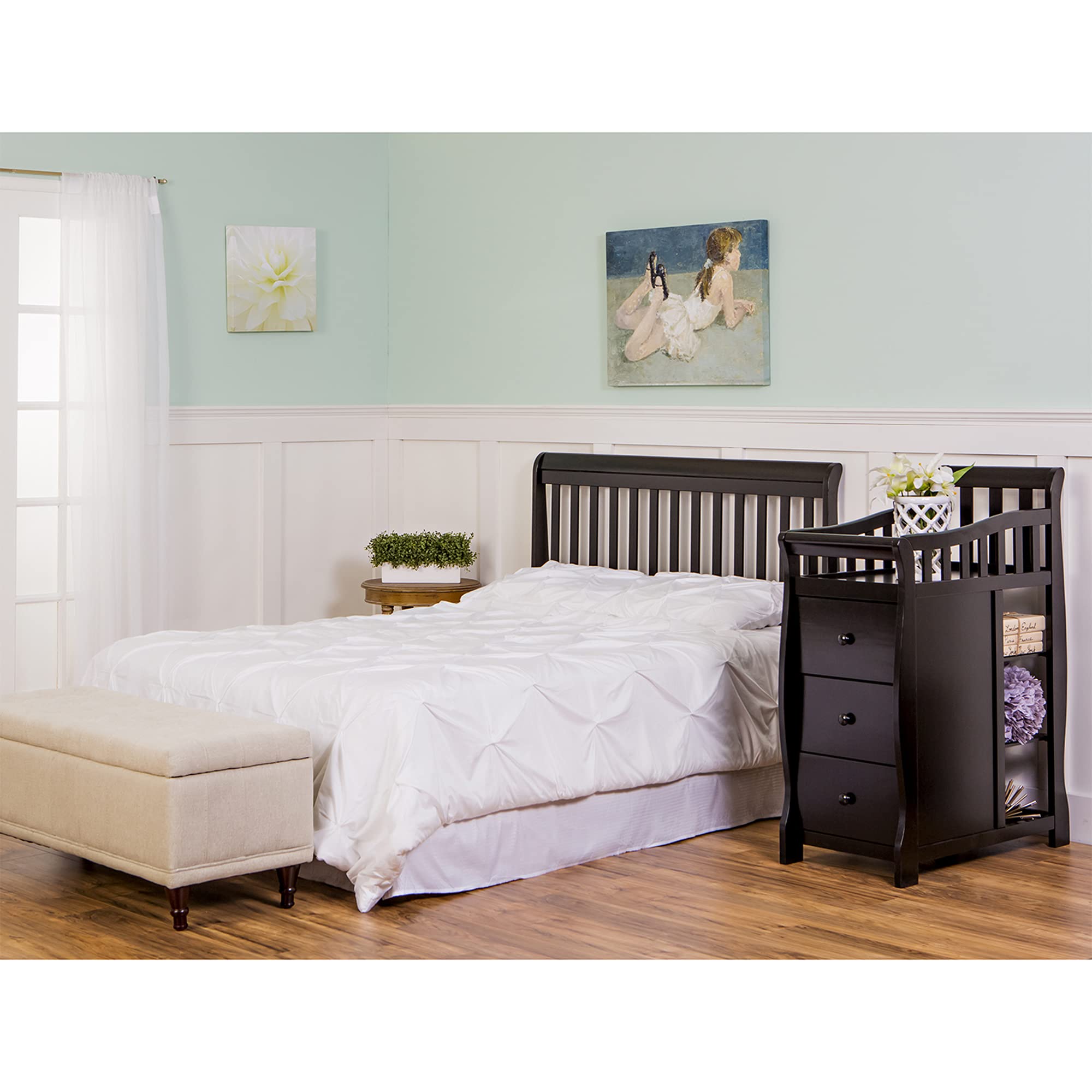 Dream On Me Brody 5-in-1 Convertible Full-Size Baby Crib & 3-Drawer Changer in Black, Pinewood, GreenGuard Gold & BSA, 1” Changer Pad, 3 Mattress Heights, Converts to Toddler & Full Size Bed