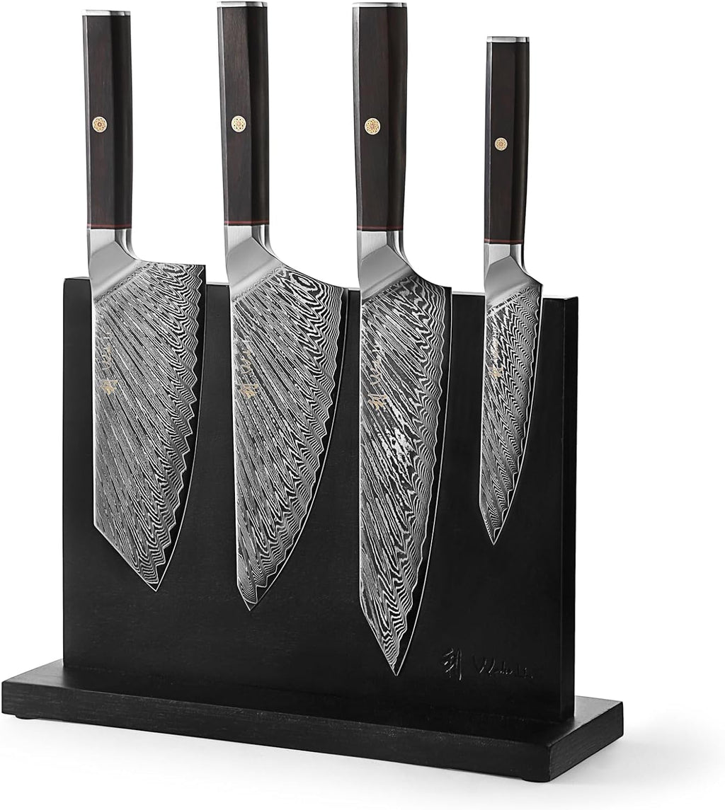 Wakoli Culinary Asia Damascus 4-Piece Knife Block Set with Magnetic Block – Professional Kitchen Knives made of 67-Layer Damascus Steel Blades & VG10 Core – Ergonomic Dark Oak Wood Handles in Gift Box